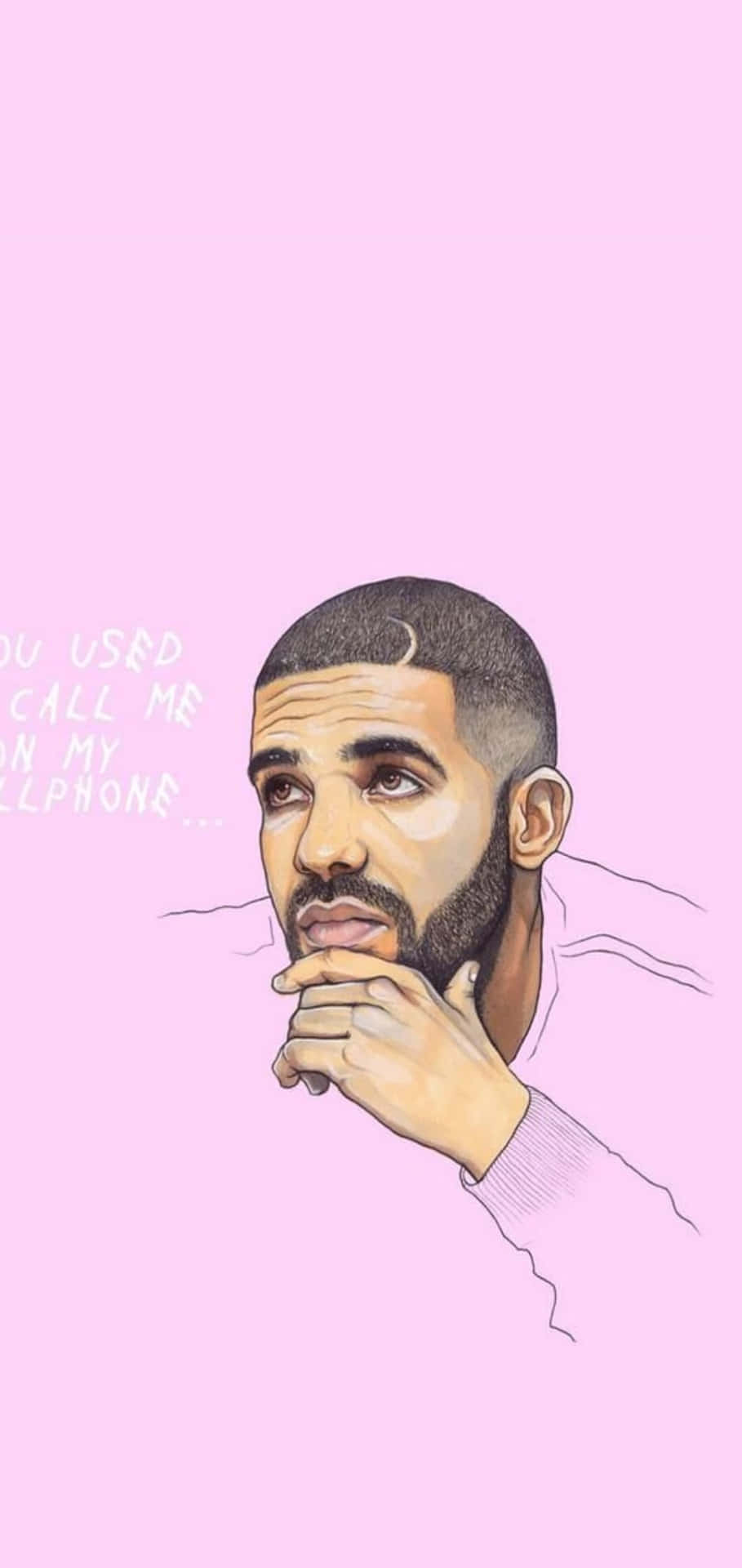 Aesthetic Drake 桌布 壁紙 — 一幅風格化的Drake插圖，在柔和的粉紅色背景上，帶有模糊的歌詞，呈現沉思姿態。