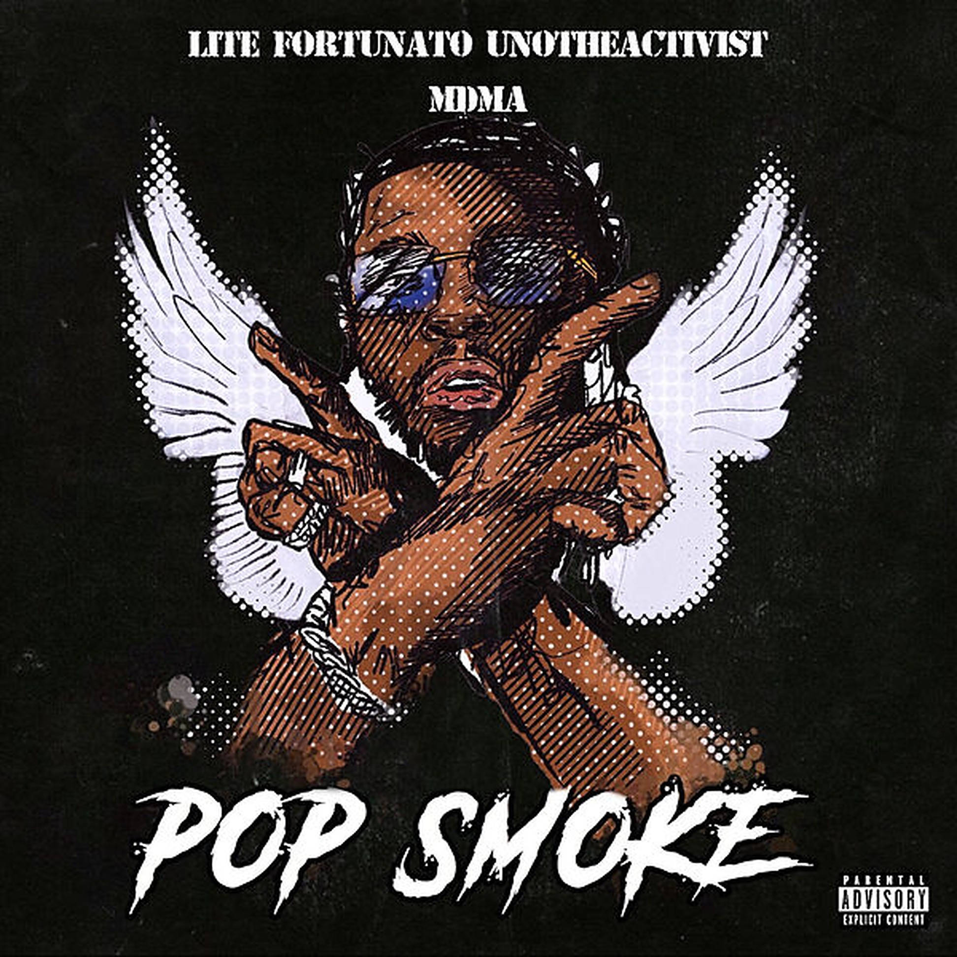 pop 桌布 壁紙 — 一幅風格化的Pop Smoke插圖，帶有天使翅膀和太陽眼鏡，在深色背景上指向觀看者。
