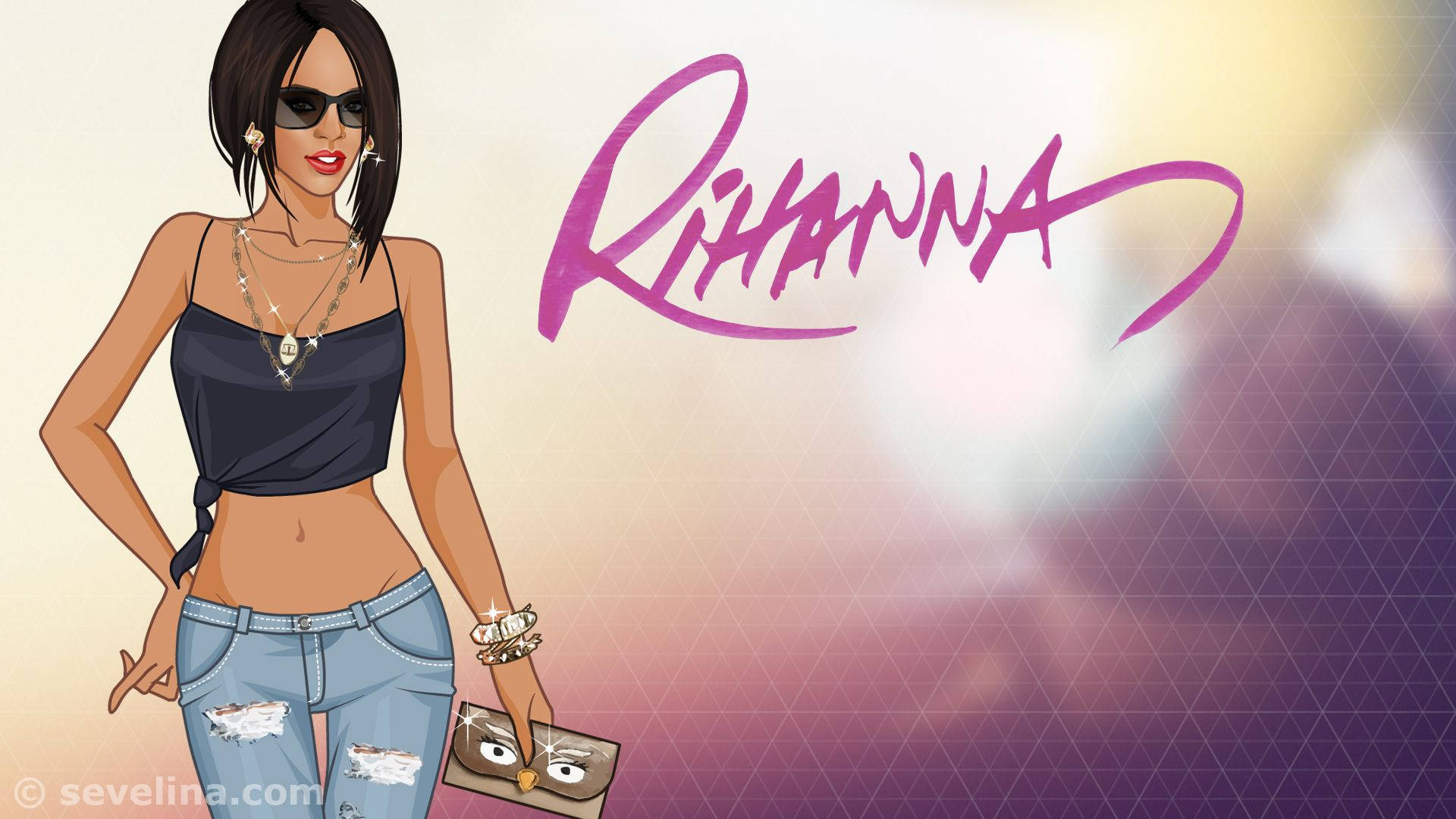 Rihanna 桌布 壁紙 — 一幅風格化的Rihanna插圖，戴著太陽眼鏡和破洞牛仔褲，手持手拿包，背景為漸變色，她的名字以粉紅色草書呈現。