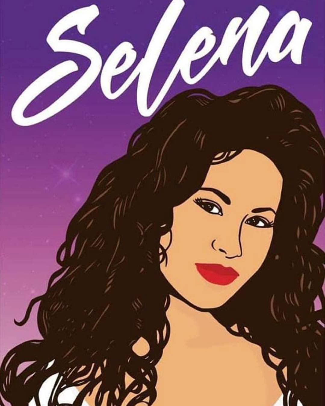 賽琳娜·金塔尼利亞 桌布 壁紙 — 一幅風格化的Selena插圖，擁有捲曲深色頭髮和紅唇，背景是星光點點的紫色。
