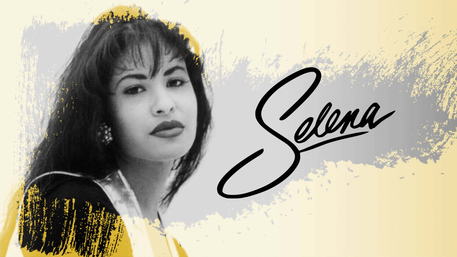 Selena Quintanilla iPhone 桌布 壁紙 — 一幅風格化的Selena肖像，帶有鮮明的黃色和灰色筆觸，以及她優雅的黑色簽名。