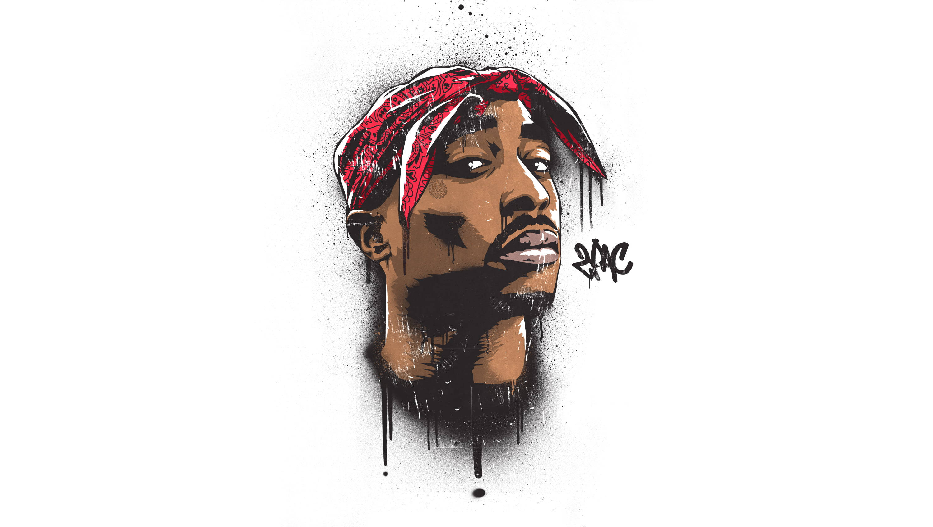 tupac 桌布 壁紙 — 一幅風格化的Tupac Shakur插圖，帶有紅色頭巾和黑色墨水滴，背景為白色。