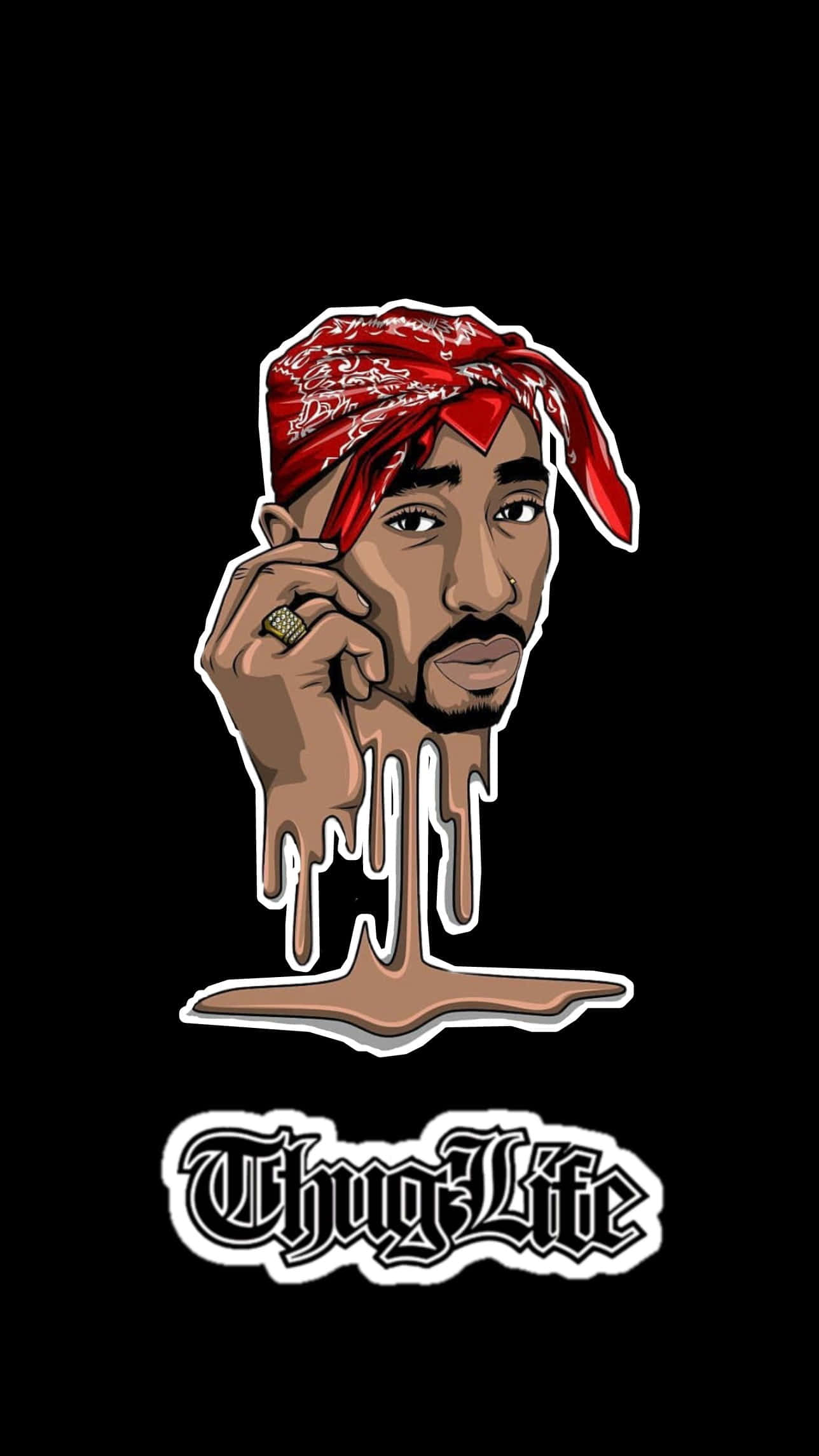 Cartoon Rapper 桌布 壁紙 — 一幅風格化的Tupac Shakur插圖，帶有紅色頭巾和融化效果，背景為黑色，並有「Thug Life」文字。