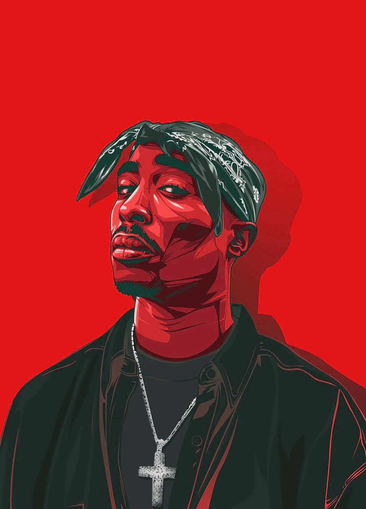 Tupac iPhone 桌布 壁紙 — 一幅風格化的Tupac Shakur肖像，戴著綠色頭巾和十字項鍊，背景為大膽的紅色。