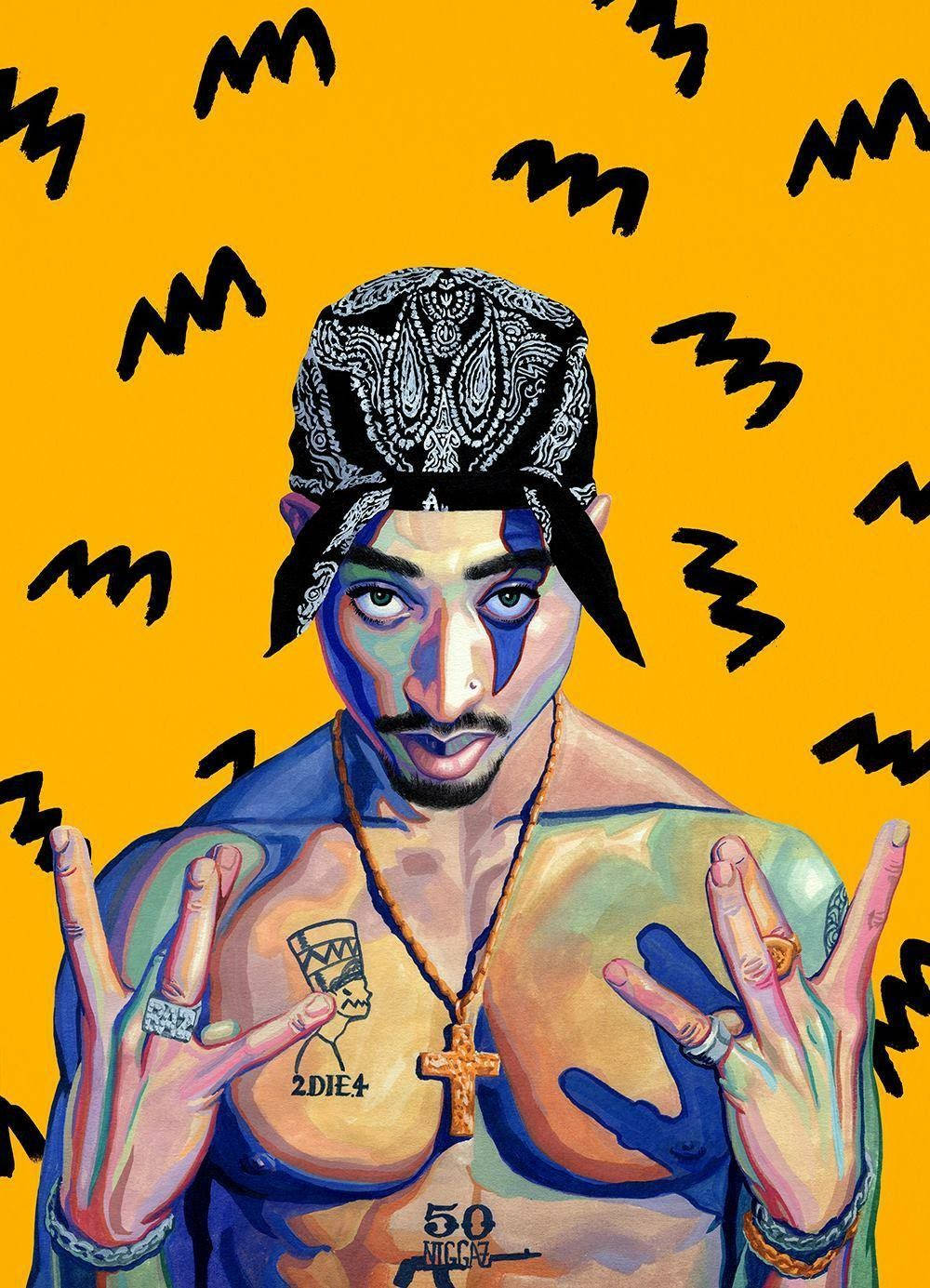 Tupac iPhone 桌布 壁紙 — 一幅風格化的Tupac Shakur肖像，帶有刺青和頭巾，背景是鮮黃色帶黑色鋸齒圖案。