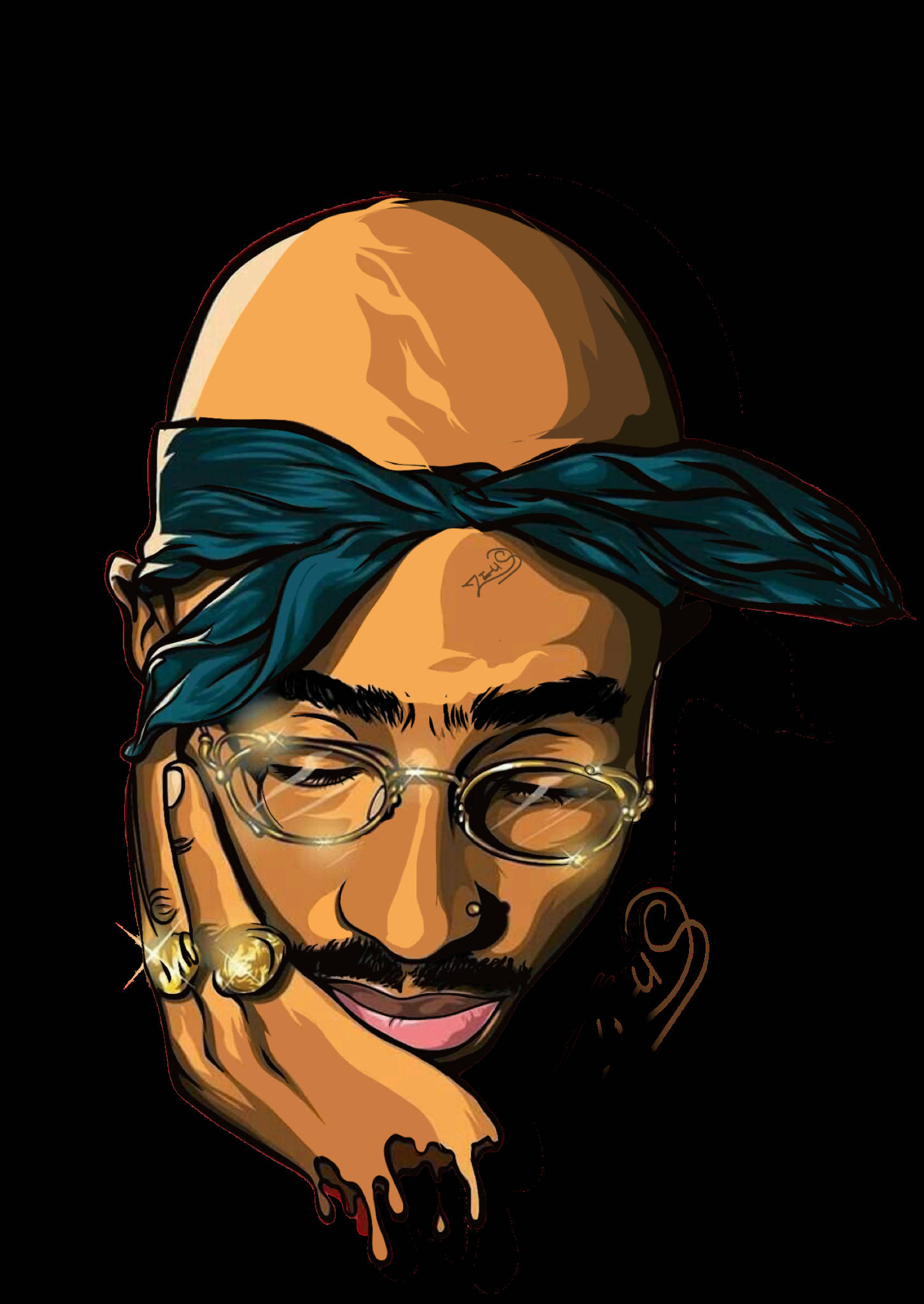 桌布 壁紙 — 一幅風格化的Tupac Shakur插圖，戴著藍色頭巾、眼鏡和金色珠寶，背景為黑色。