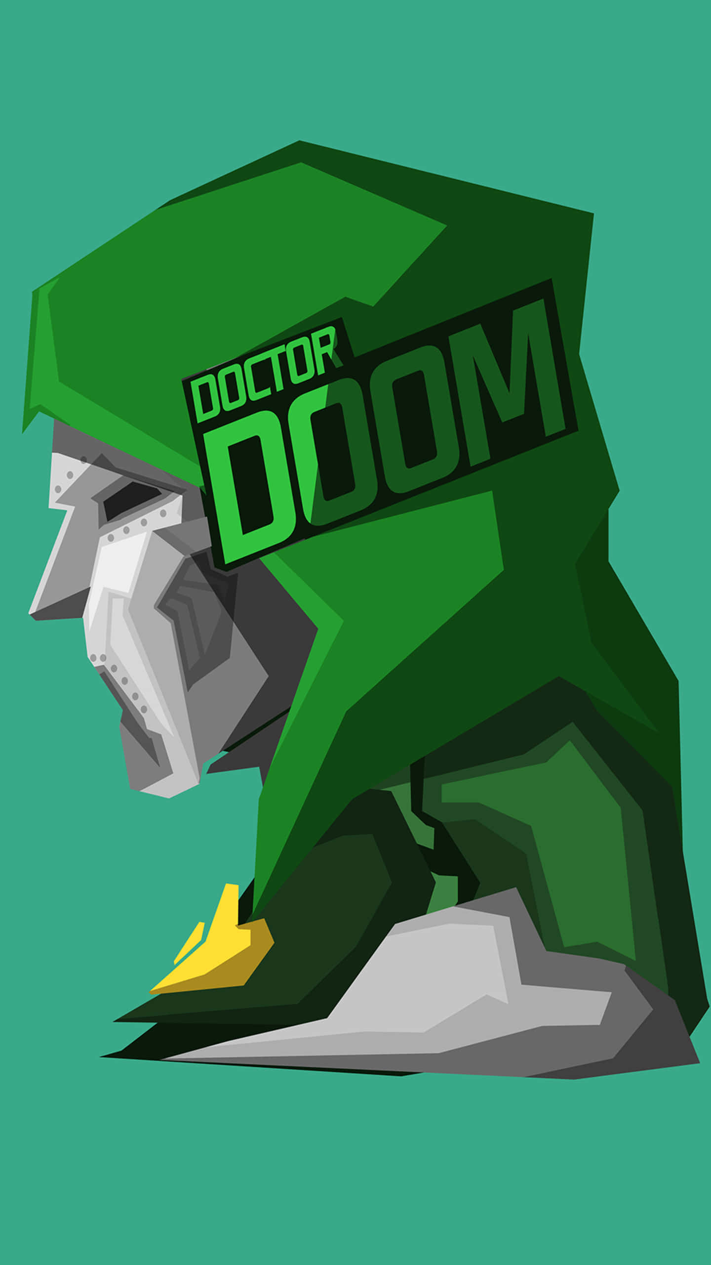 Pixel 3xl Doom 桌布 壁紙 — 一幅風格化的低多邊形插圖，描繪身穿綠色盔甲、戴著金屬面具的末日博士，背景為青綠色。
