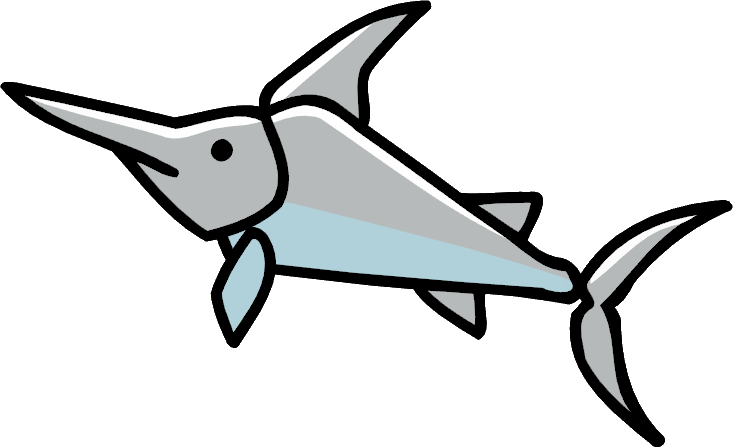 Swordfish 桌布 壁紙 — 一幅風格化的劍魚插圖，帶有粗黑輪廓和漸變灰藍色，在純白色背景上對角線游動。
