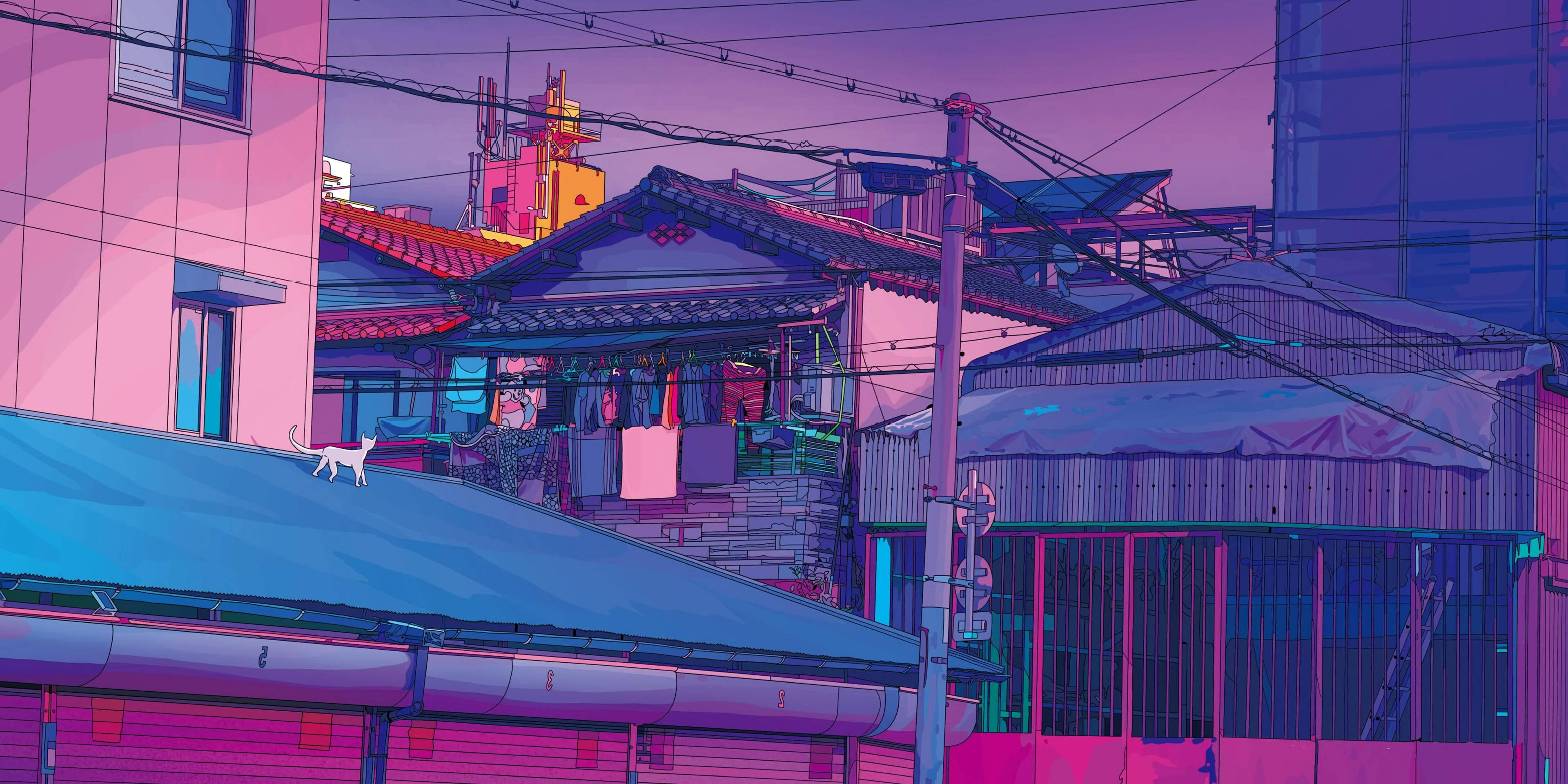 macbook pro aesthetic 桌布 壁紙 — 一幅風格化的動漫場景，描繪一隻貓在屋頂上俯瞰暮色中霓虹燈閃爍的城市小巷。
