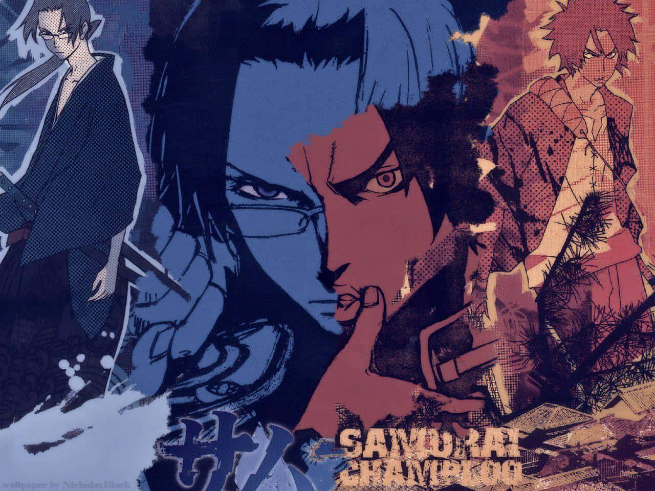 Samurai Champloo 桌布 壁紙 — 一幅風格化的動漫拼貼畫，描繪三位武士，採用戲劇性的藍色和紅色色調，帶有粗線條和半色調紋理。