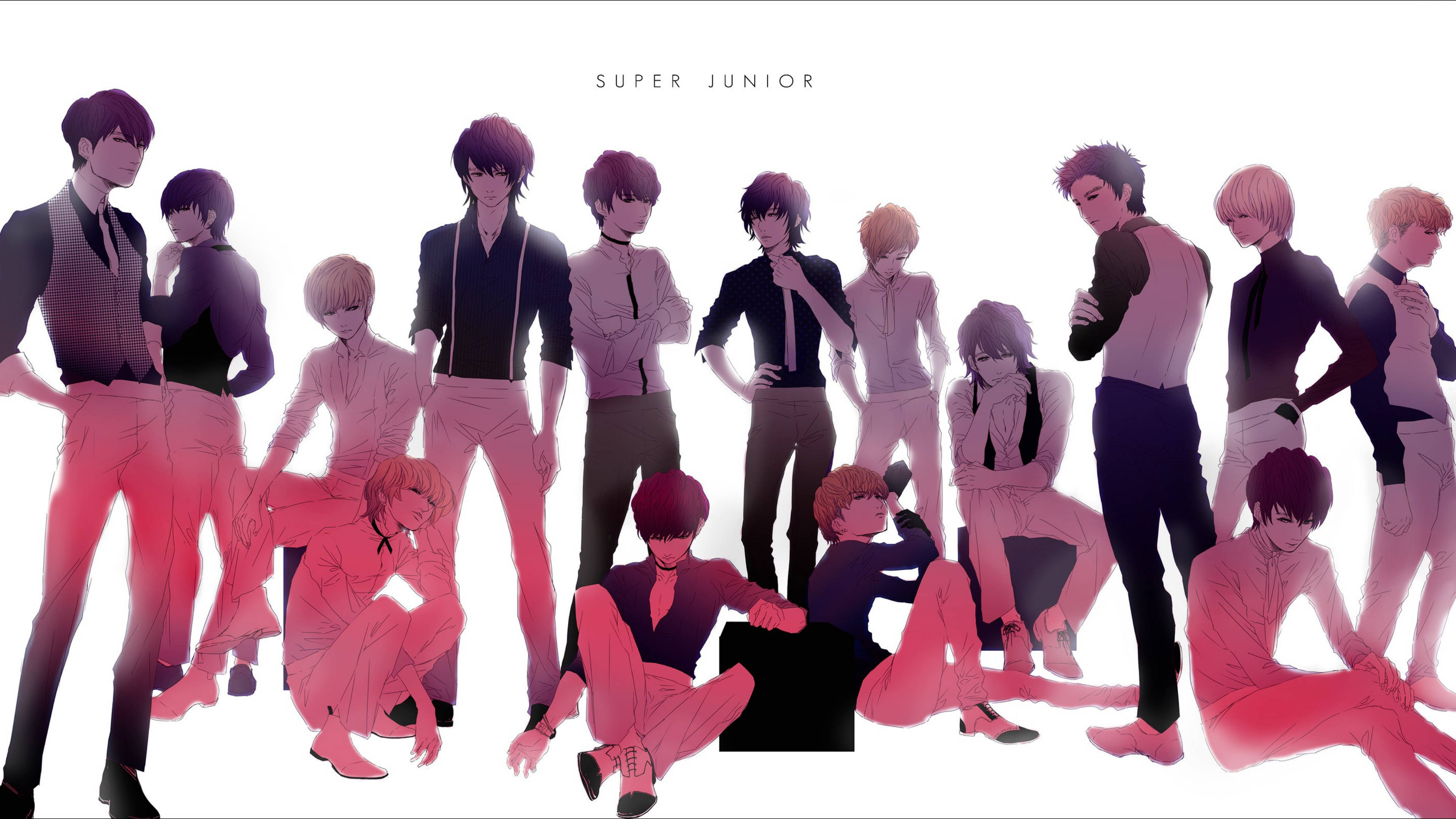 Super 桌布 壁紙 — 一幅風格化的動漫插圖，描繪K-pop組合Super Junior以各種自信姿態擺姿勢，背景為純白色並帶有粉紅-紅色漸變覆蓋層。