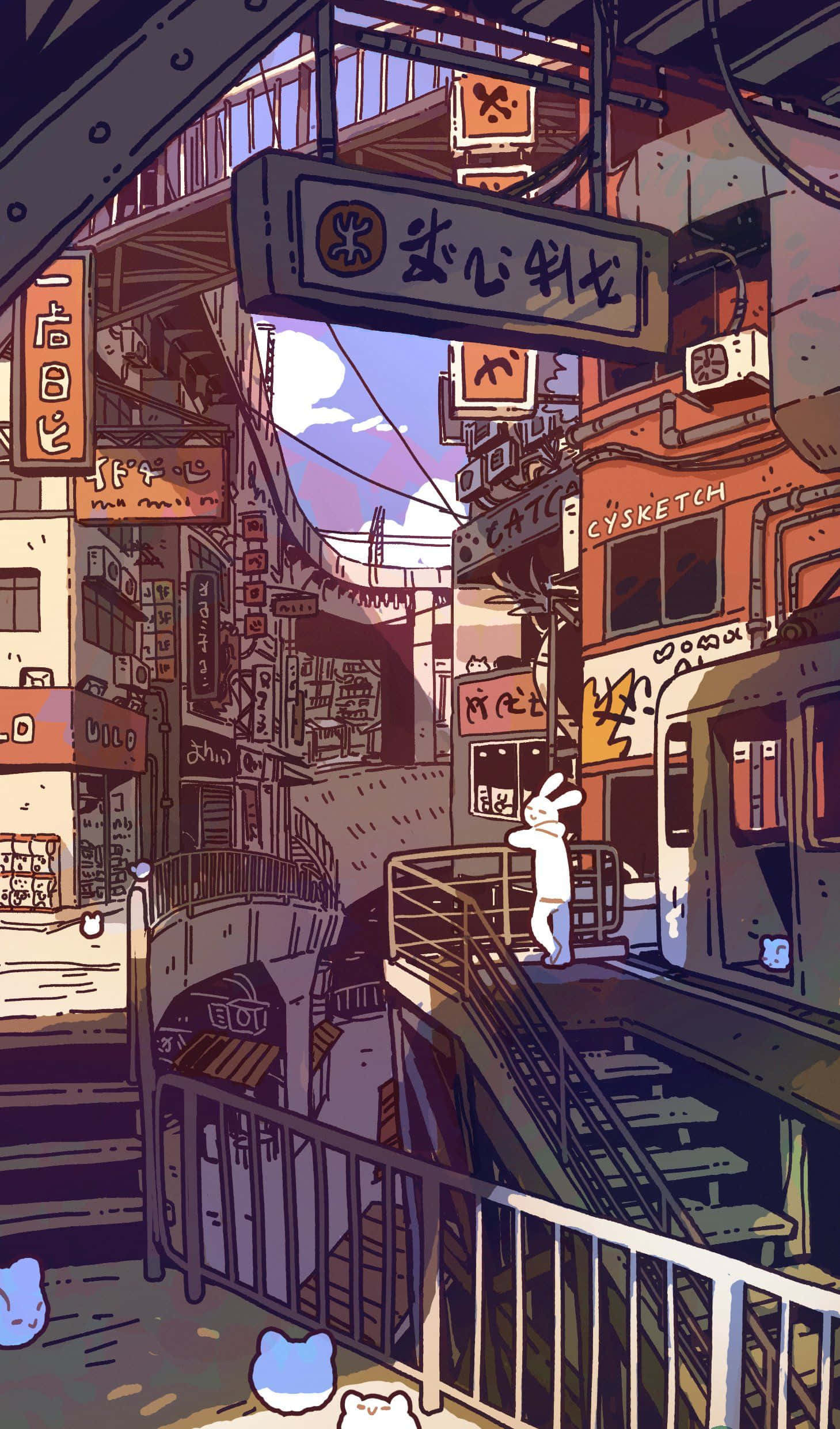 日本 桌布 壁紙 — 一幅風格化的動漫插圖，描繪一隻兔子在黃昏時分站在一座橋上，身處繁華的霓虹燈日本小巷中。