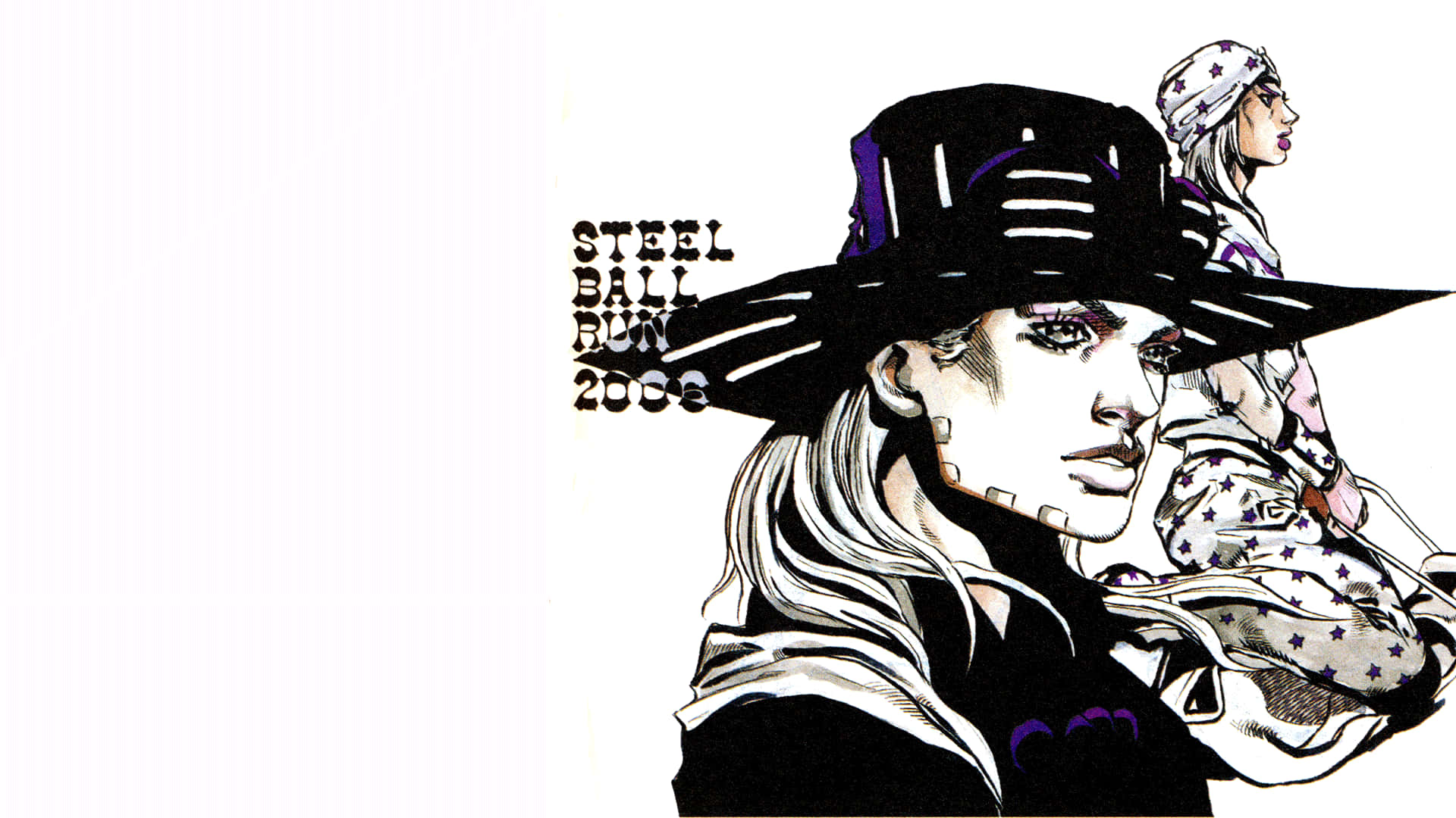 Jojo Steel Ball Run 桌布 壁紙 — 一幅風格化的動漫插圖，描繪了兩個戴著寬邊帽、穿著星星圖案衣服的角色，背景為純白色。