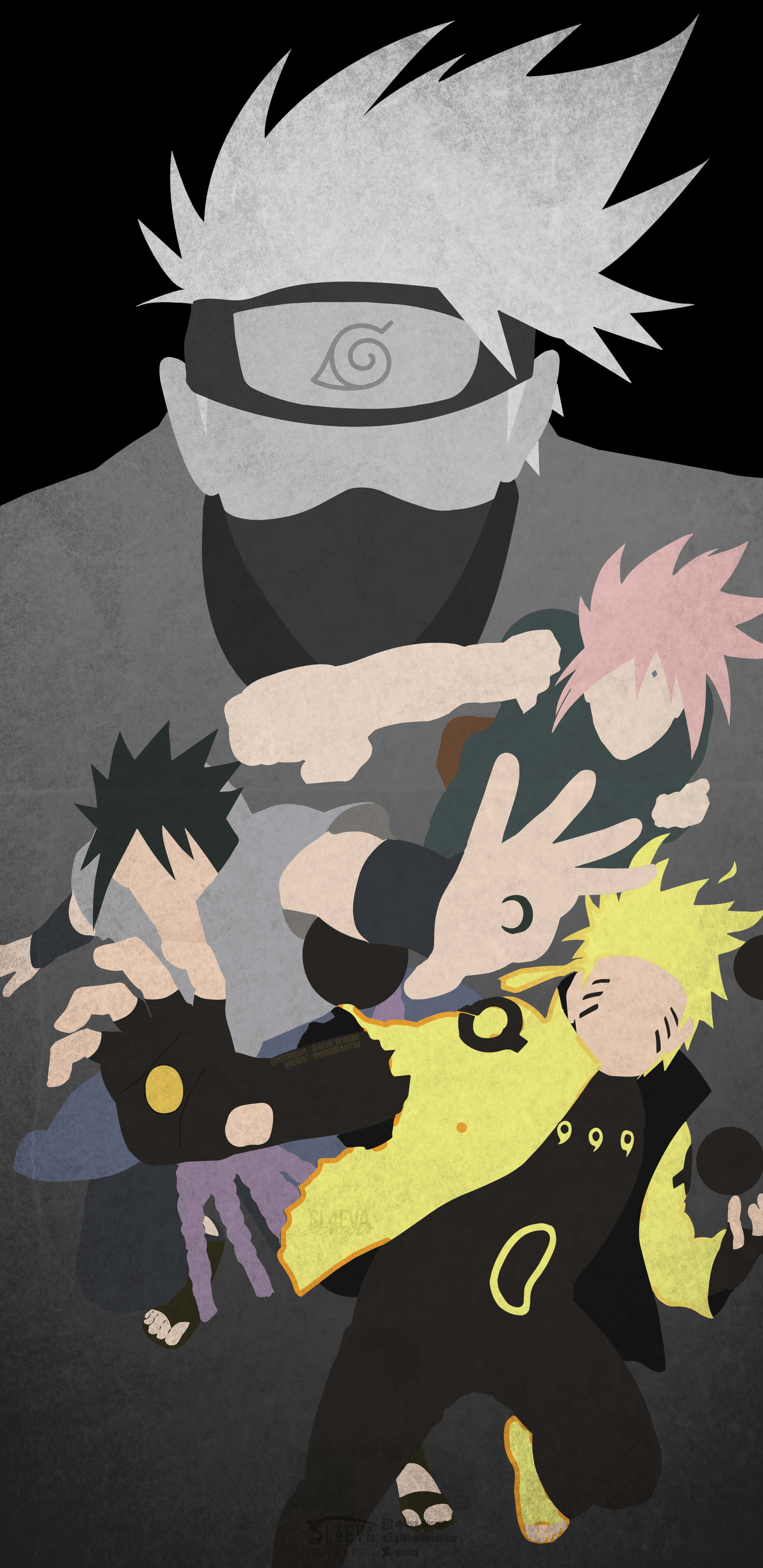 Naruto Team 7 桌布 壁紙 — 一幅風格化的動漫插圖，描繪卡卡西·哈塔克高高聳立於鳴人、佐助和小櫻之上，呈現動態動作姿勢。