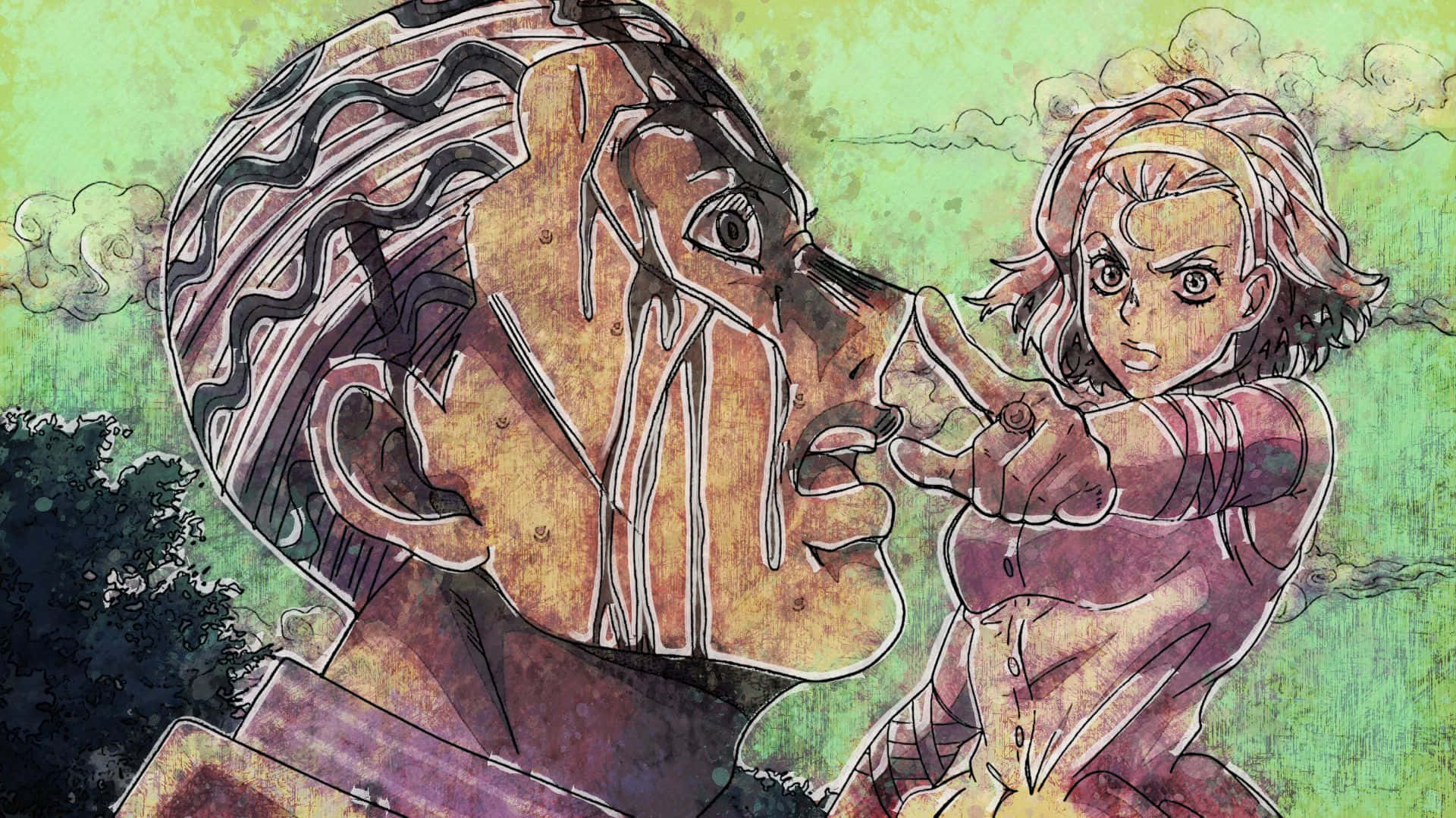 Kosaku Kawajiri 桌布 壁紙 — 一幅風格化的動漫插圖顯示，一個年輕女孩指責地指著一個巨人，他的臉上流著淚，背景是綠色紋理背景。