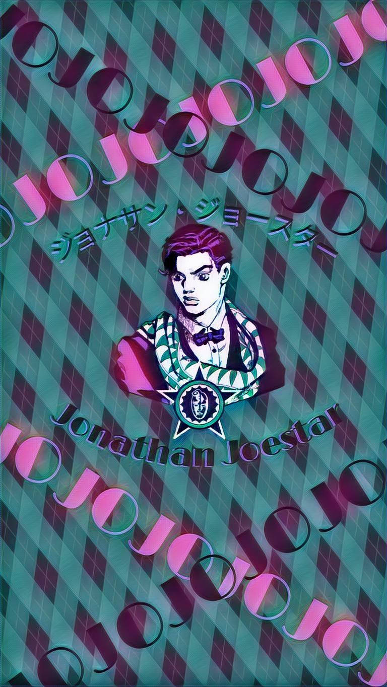 Jojo Phone 桌布 壁紙 — 一幅風格化的動畫肖像，主角是喬納森·喬斯達，居中於青綠色和洋紅色的鑽石圖案背景上，並帶有重複的JoJo文字。
