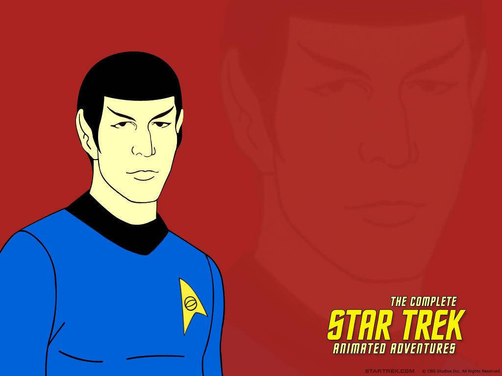 Spock 桌布 壁紙 — 一幅風格化的動畫肖像，描繪身穿藍色星際艦隊制服的史波克，背景為紅色，他的臉部微妙地重複出現在身後。