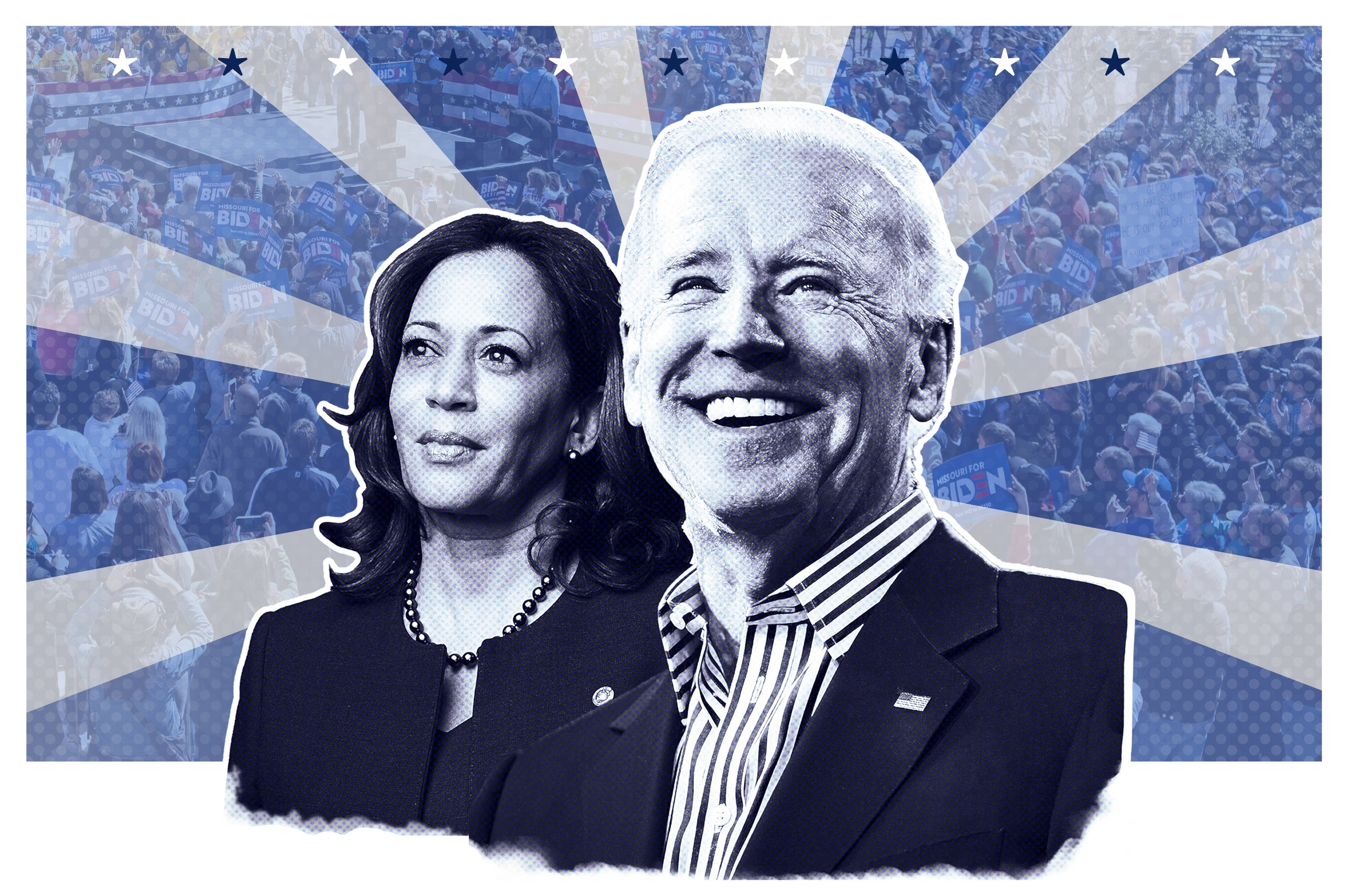 Kamala Harris 桌布 壁紙 — 一幅風格化的圖像，描繪卡瑪拉·哈里斯和喬·拜登在藍色星爆背景及人群場景中微笑。