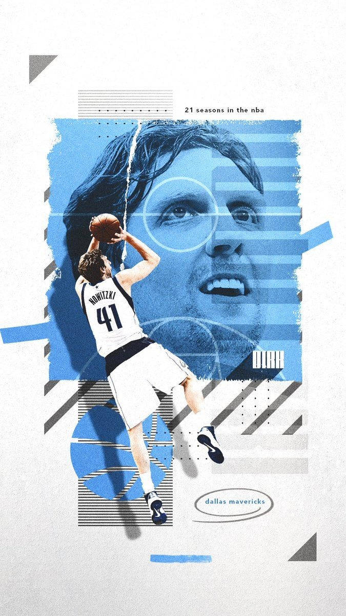 Dirk Nowitzki 桌布 壁紙 — 一幅風格化的圖像，描繪德克·諾維茨基投籃中的姿態，背景是他的臉，慶祝他為達拉斯獨行俠效力21個NBA賽季。