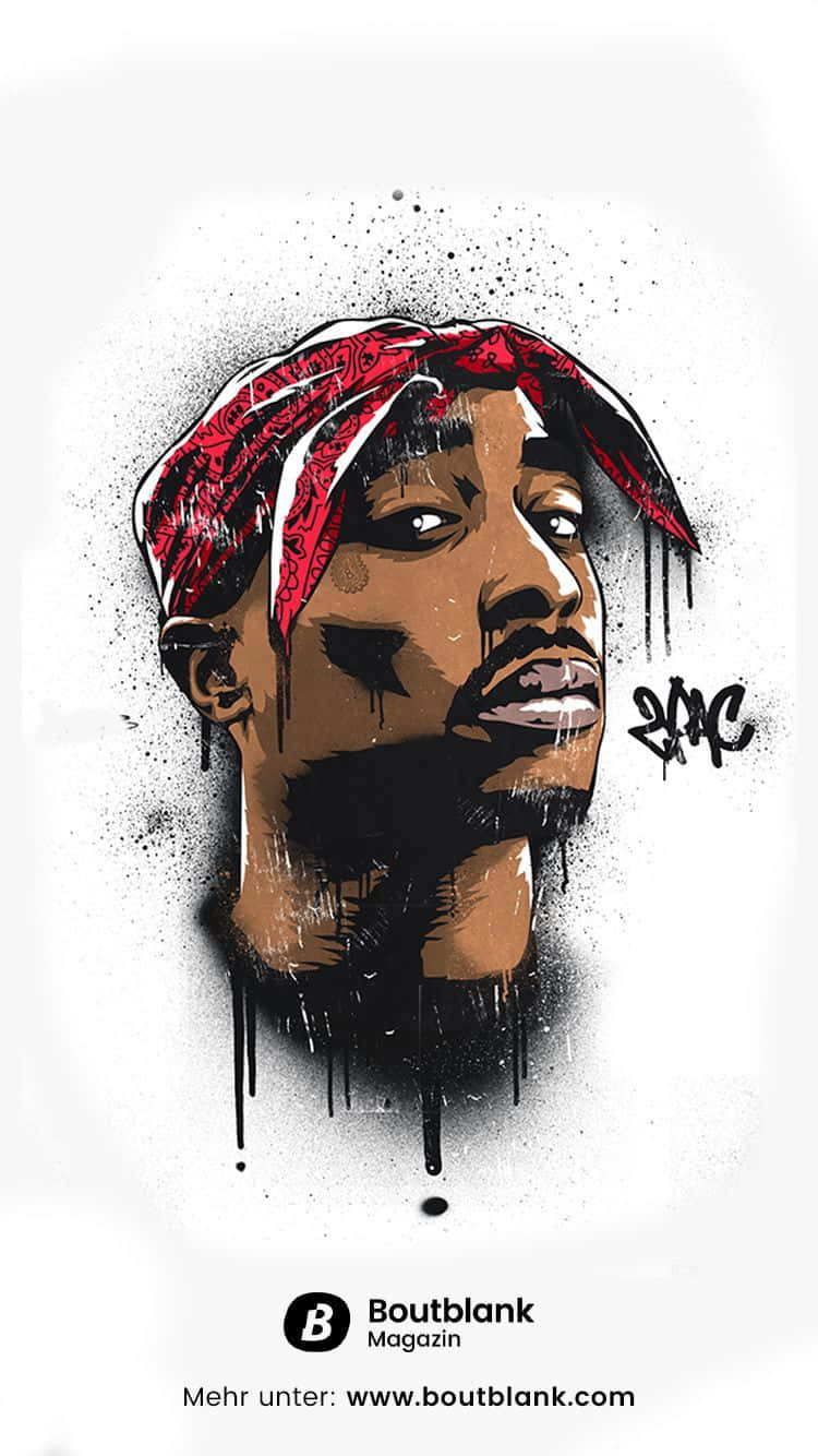 Tupac iPhone 桌布 壁紙 — 一幅風格化的塗鴉肖像，描繪了Tupac Shakur，戴著紅色頭巾，黑色墨水在白色背景上滴落。