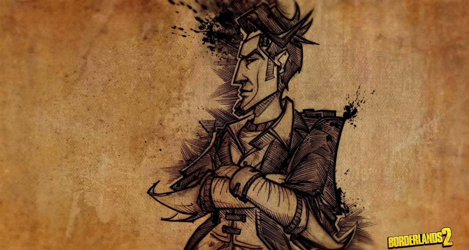 Borderlands 桌布 壁紙 — 一幅風格化的墨水畫，描繪一位自信的男子戴著帽子、穿著外套，雙臂交叉在陳舊的羊皮紙上。