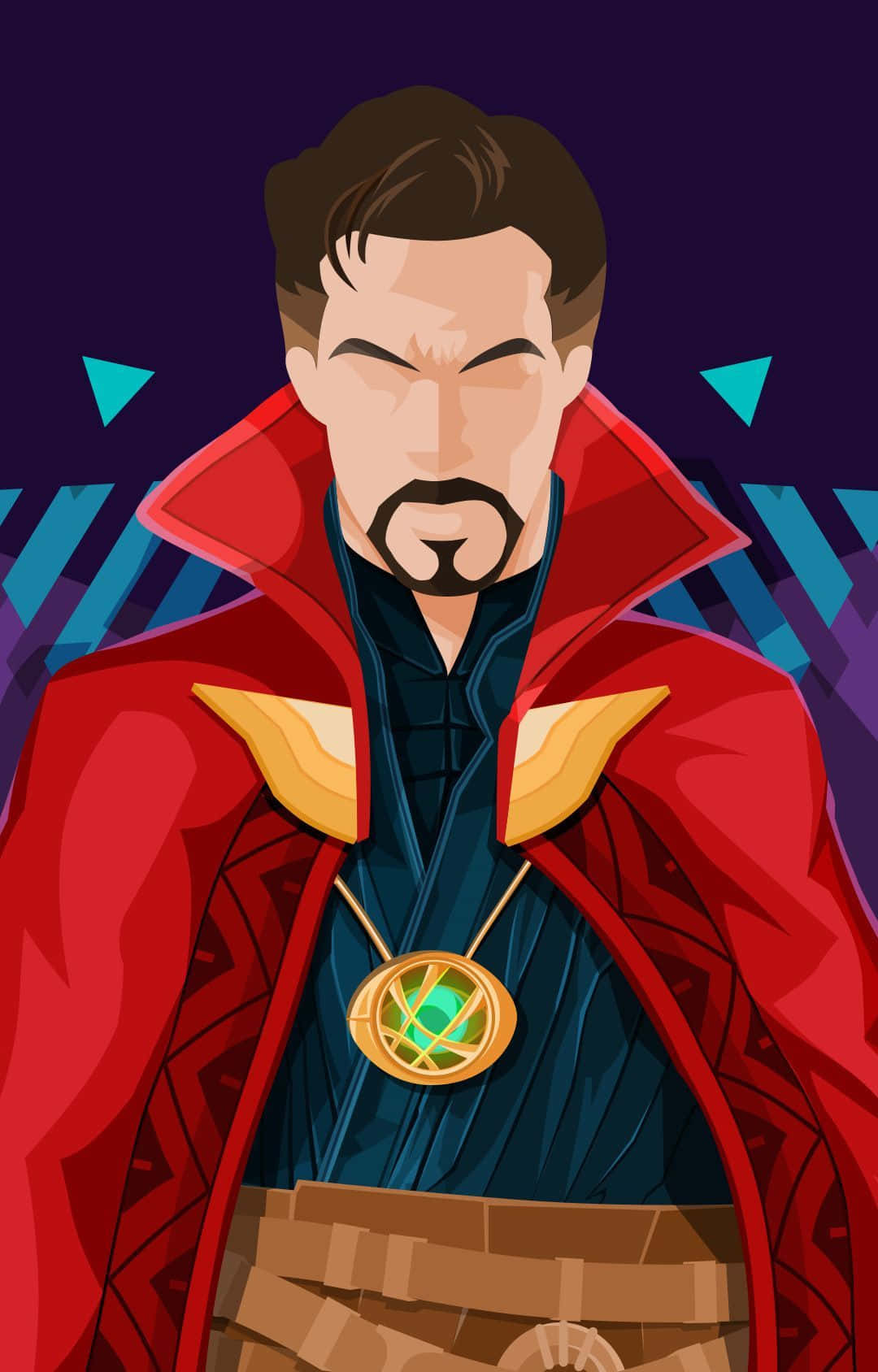 Doctor Strange 2 桌布 壁紙 — 一幅風格化的奇異博士插圖，他身穿標誌性的紅色斗篷，佩戴神秘護身符，背景為幾何紫色和藍色。