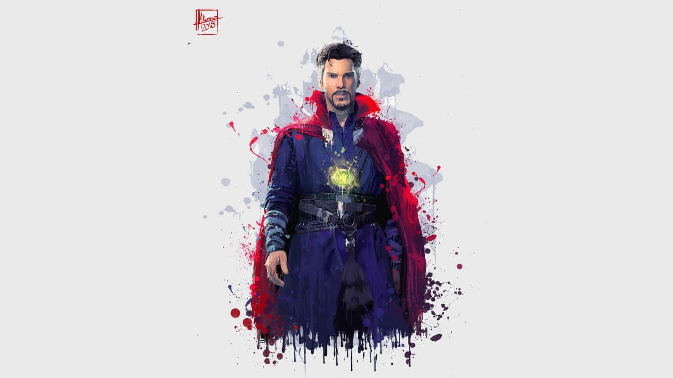 1366x768 Marvel 桌布 壁紙 — 一幅風格化的奇異博士插圖，他身穿標誌性的藍色長袍和紅色斗篷，周圍有油漆飛濺。