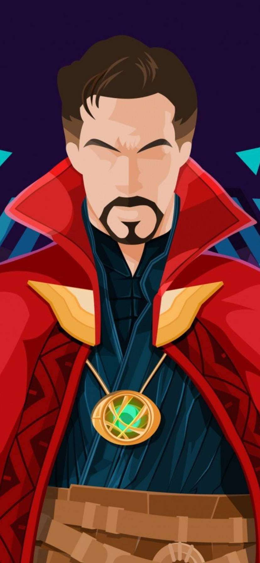 marvel iPhone xr 桌布 壁紙 — 一幅風格化的奇異博士插圖，他身穿標誌性的紅色斗篷和神秘護身符，背景為深紫色。