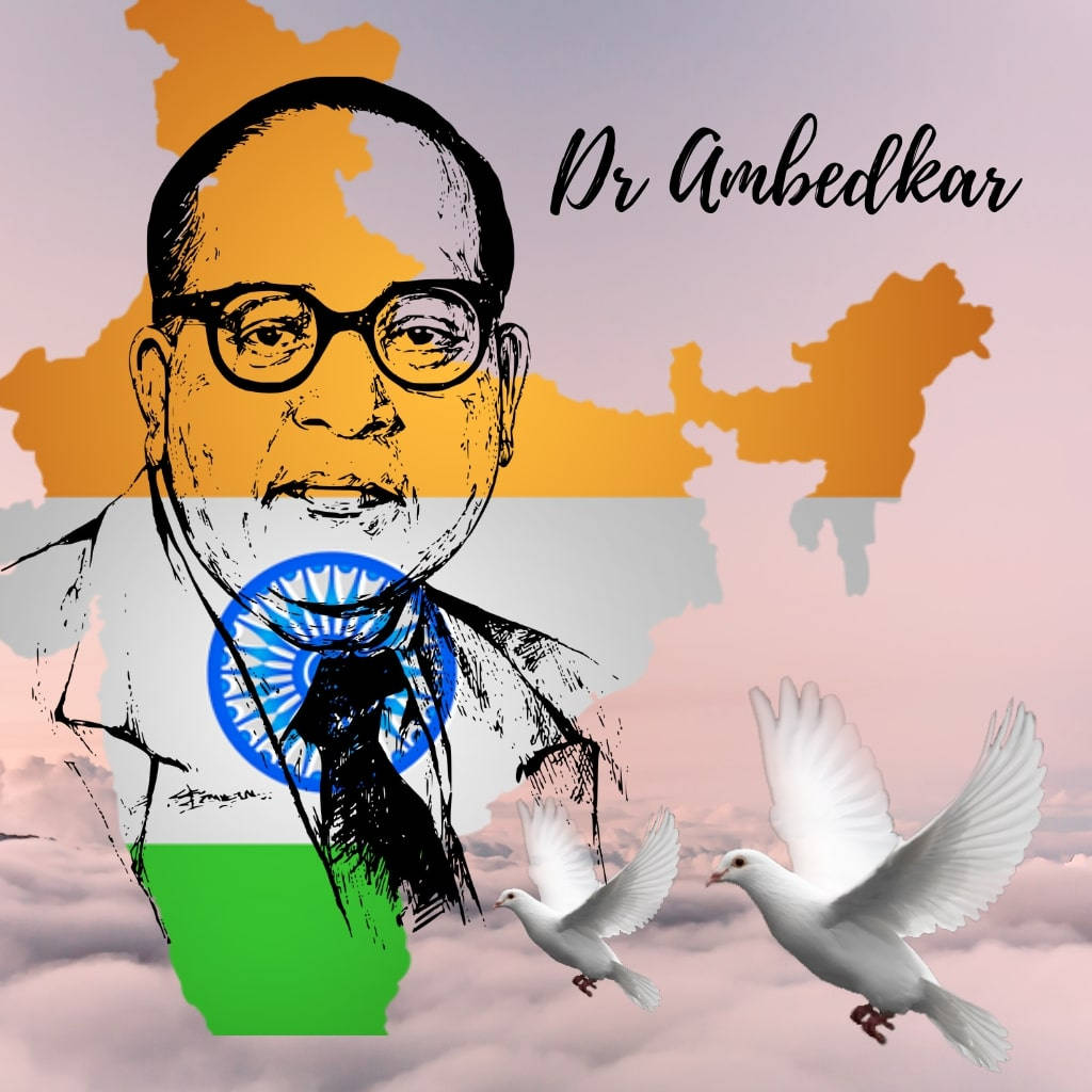 Dr Babasaheb Ambedkar 桌布 壁紙 — 一幅風格化的安貝德卡博士肖像，背景有印度國旗顏色和地圖剪影，兩旁有兩隻白鴿在柔和的天空中。