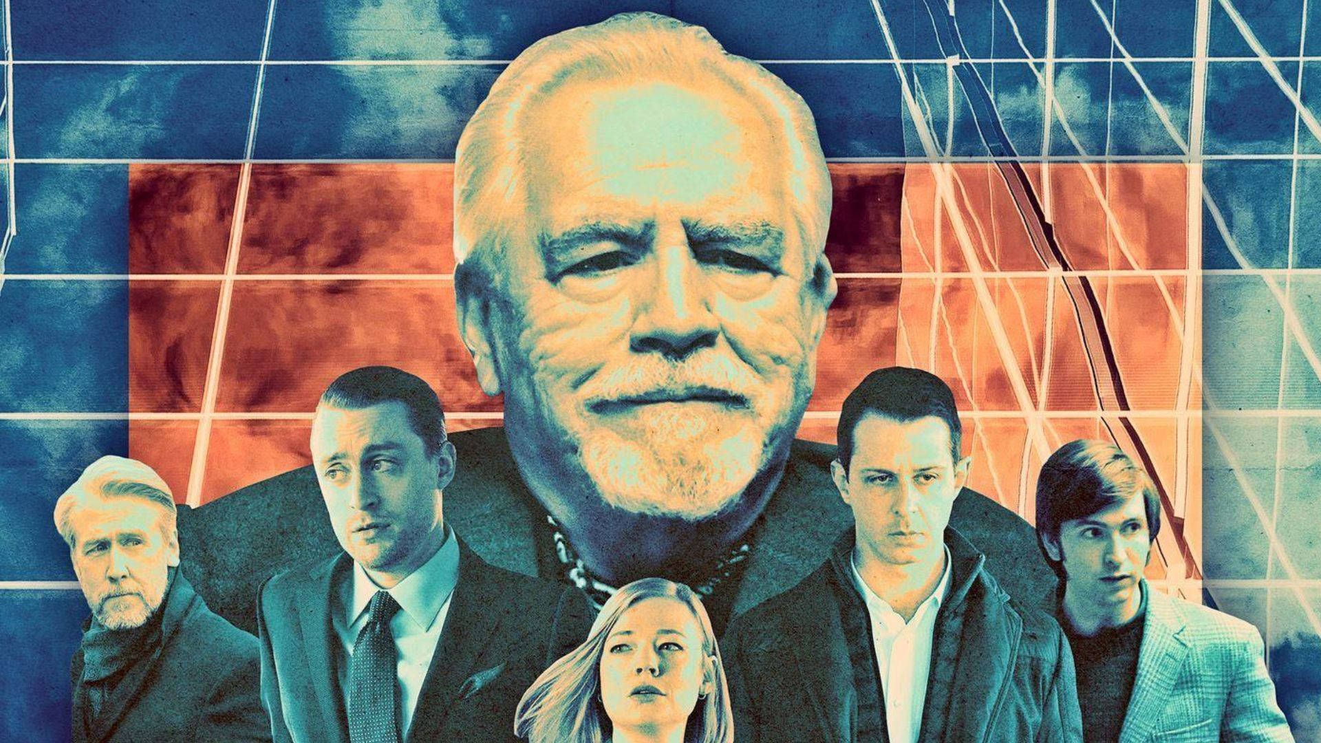 Succession 桌布 壁紙 — 一幅風格化的拼貼畫，描繪五個嚴肅的人物，背景為碎裂的網格，帶有鮮明的藍色和橙色色調。