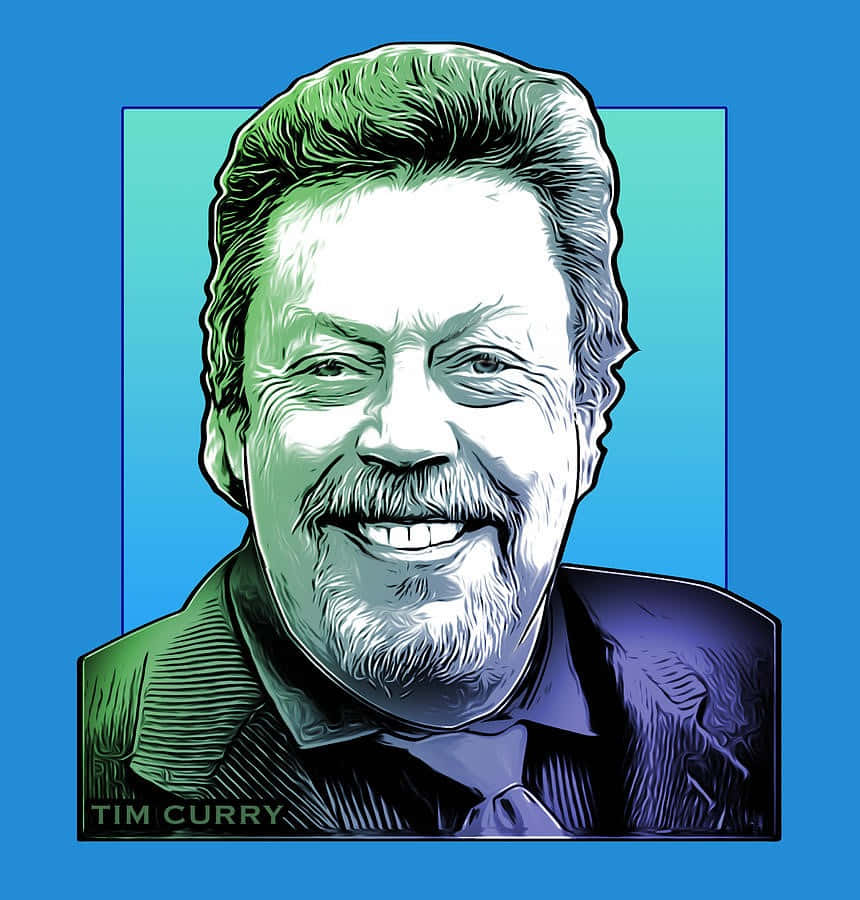 Tim Curry 桌布 壁紙 — 一幅風格化的提姆·庫瑞肖像，以綠色和藍色色調微笑，背景為鮮豔的藍色。