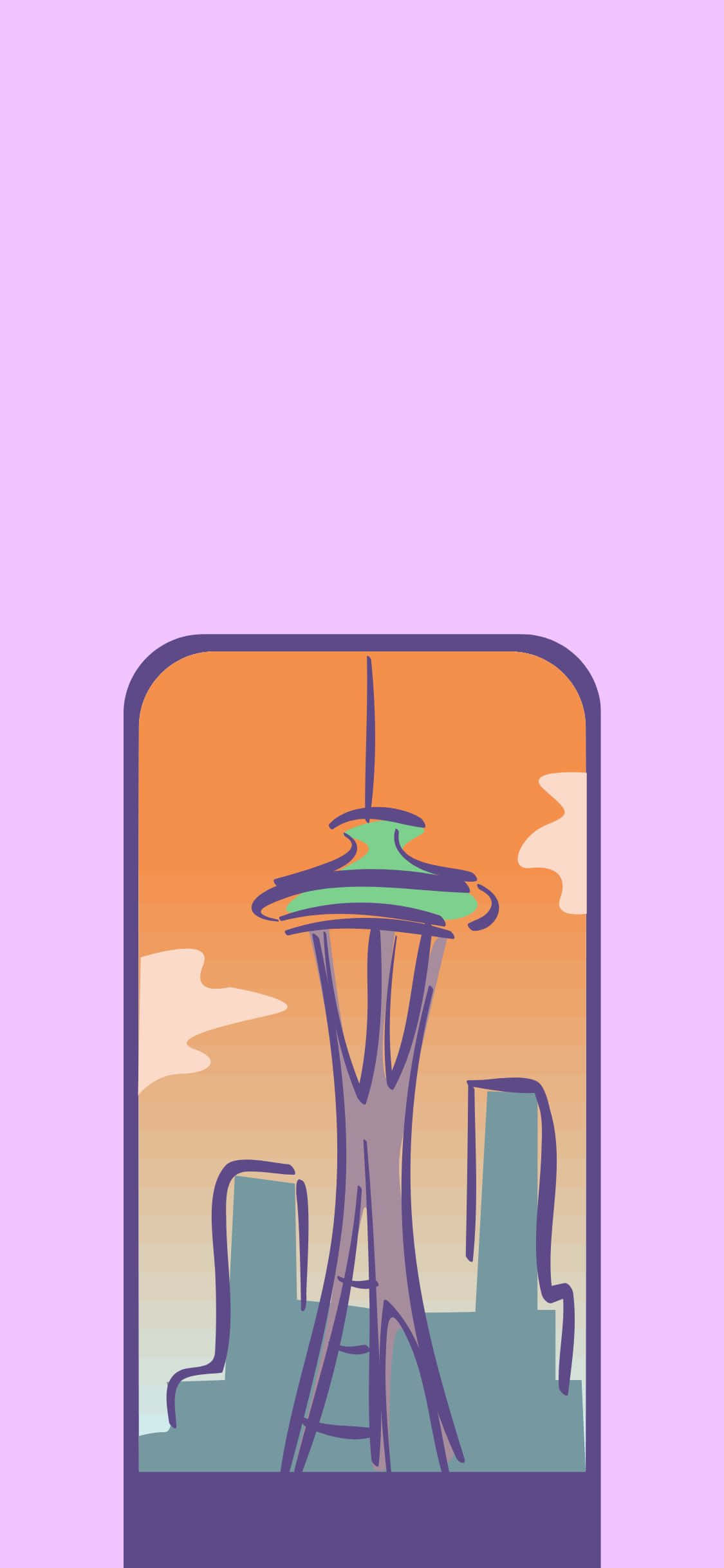 iPhone X Seattle 桌布 壁紙 — 一幅風格化的插圖，展示太空針塔被框在電話中，背景是柔和的薰衣草色。