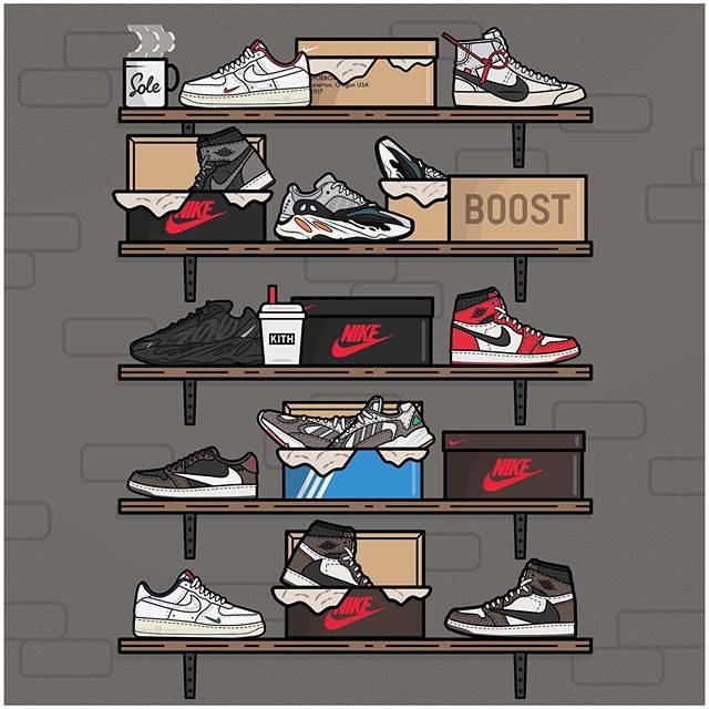 Nike 桌布 壁紙 — 一幅風格化的插圖，展示鞋架上的各種品牌運動鞋和鞋盒，背景是磚牆。