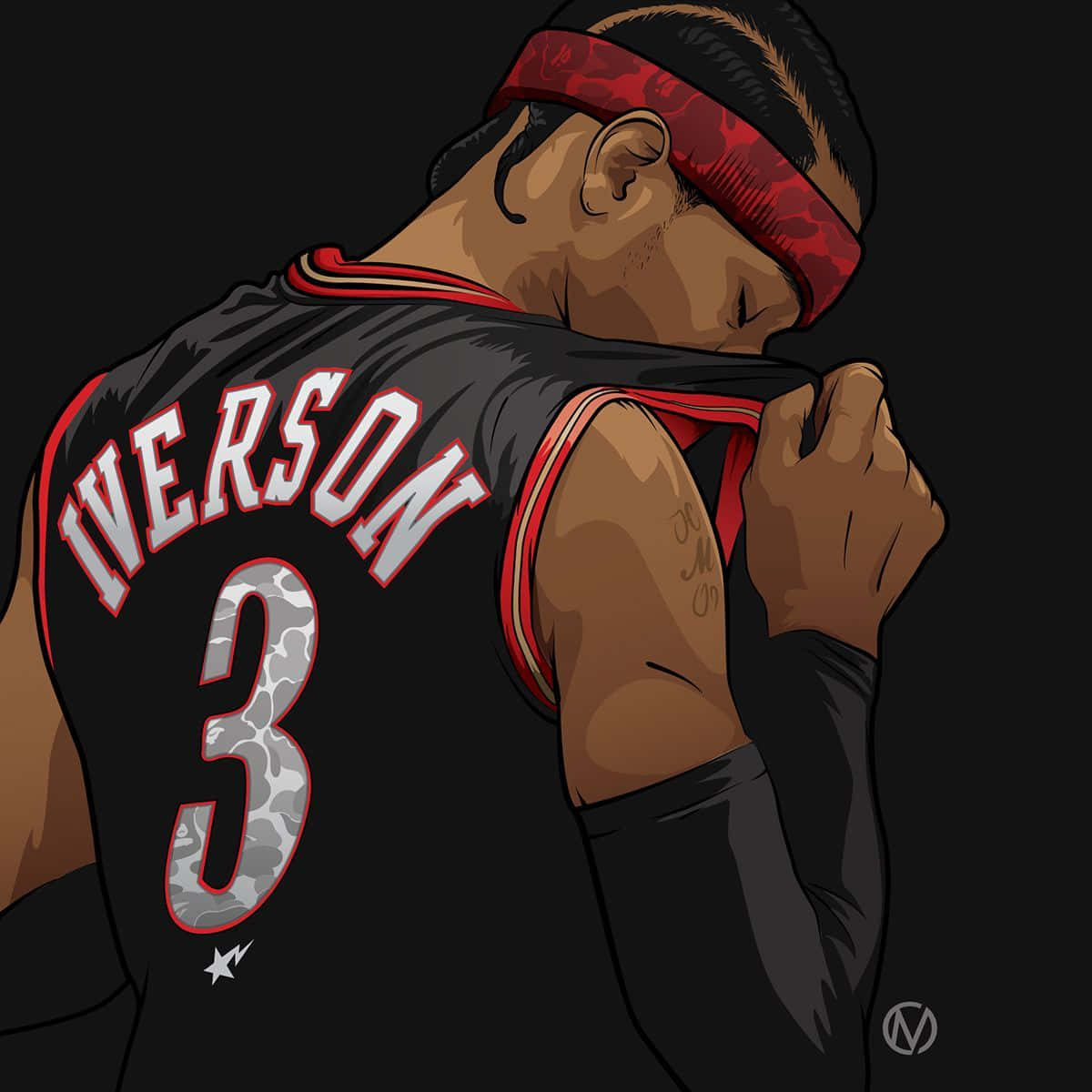 桌布 壁紙 — 一幅風格化的插圖，描繪 Allen Iverson 身穿黑色球衣，號碼 3，紅色頭帶，從背後觀看，背景為深色。