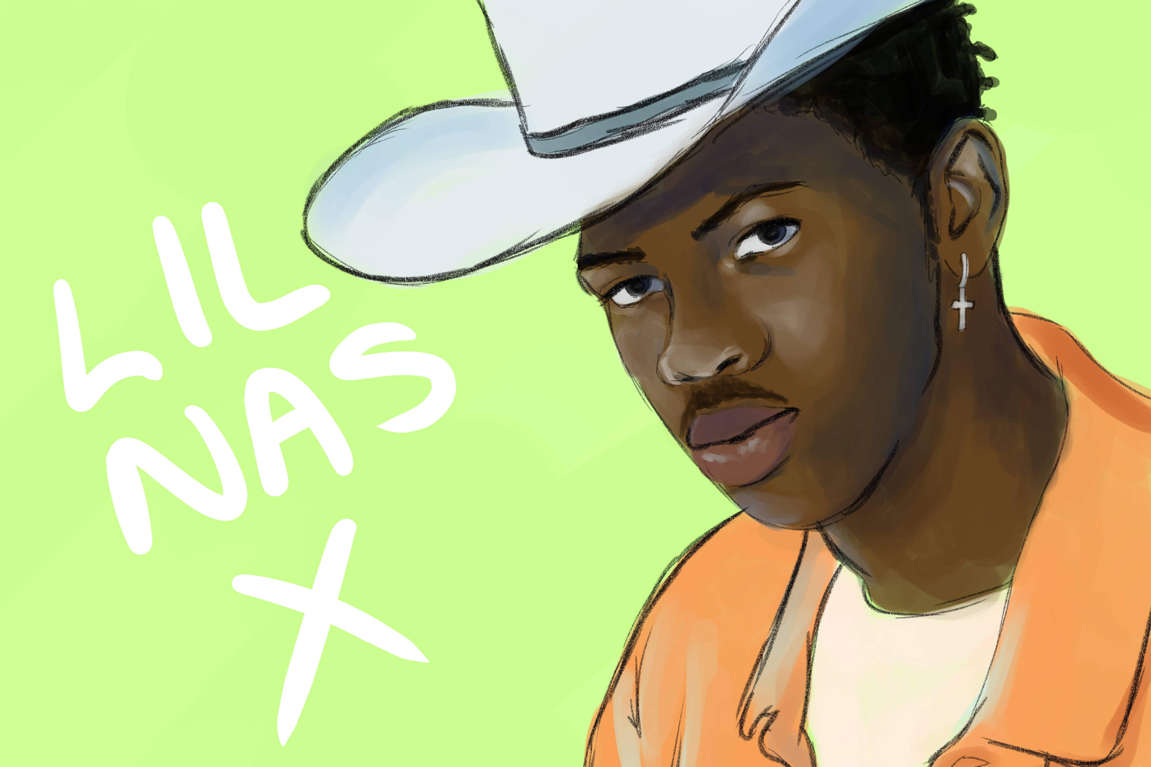 X 桌布 壁紙 — 一幅風格化的插圖，描繪 Lil Nas X 戴著白色牛仔帽和橙色襯衫，背景為亮綠色。