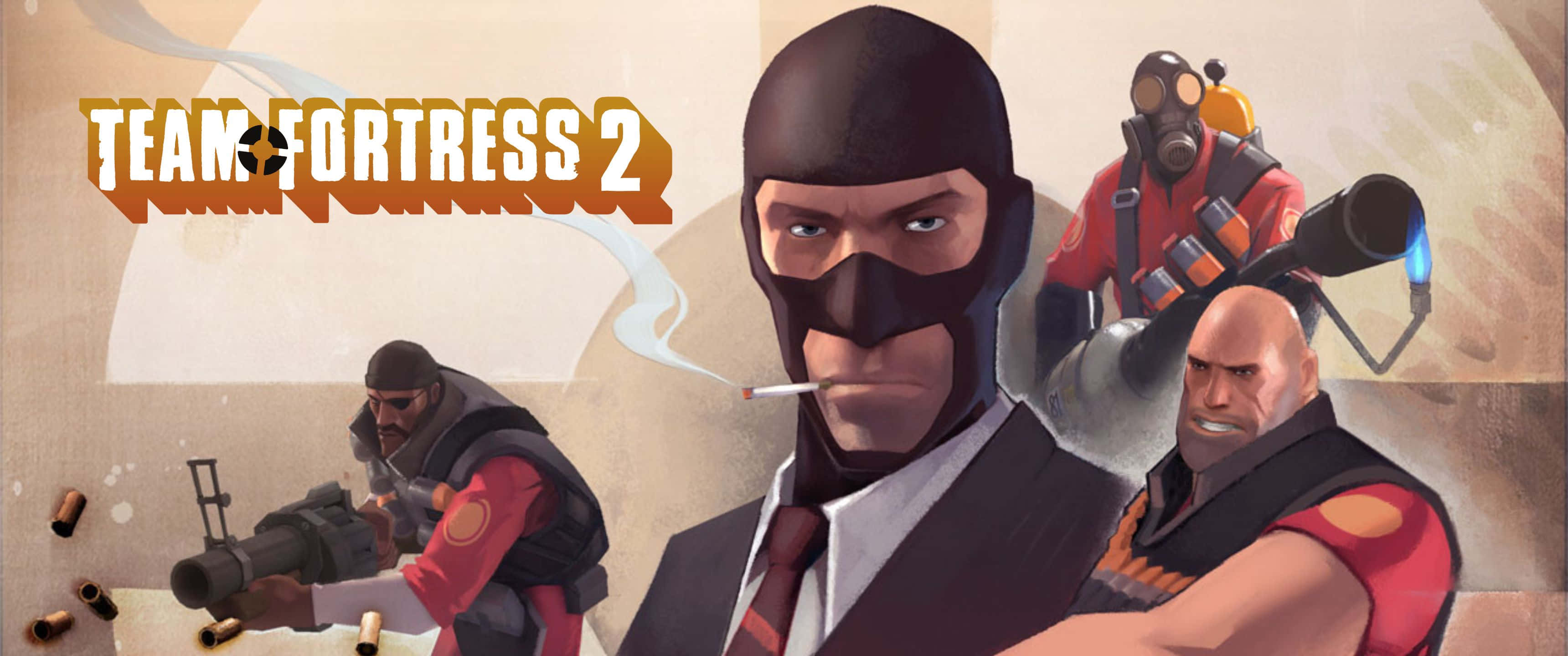 3440x1440p Tf2 桌布 壁紙 — 一幅風格化的插圖，描繪《Team Fortress 2》角色以戰鬥姿勢出現，煙霧和子彈四處飛揚。