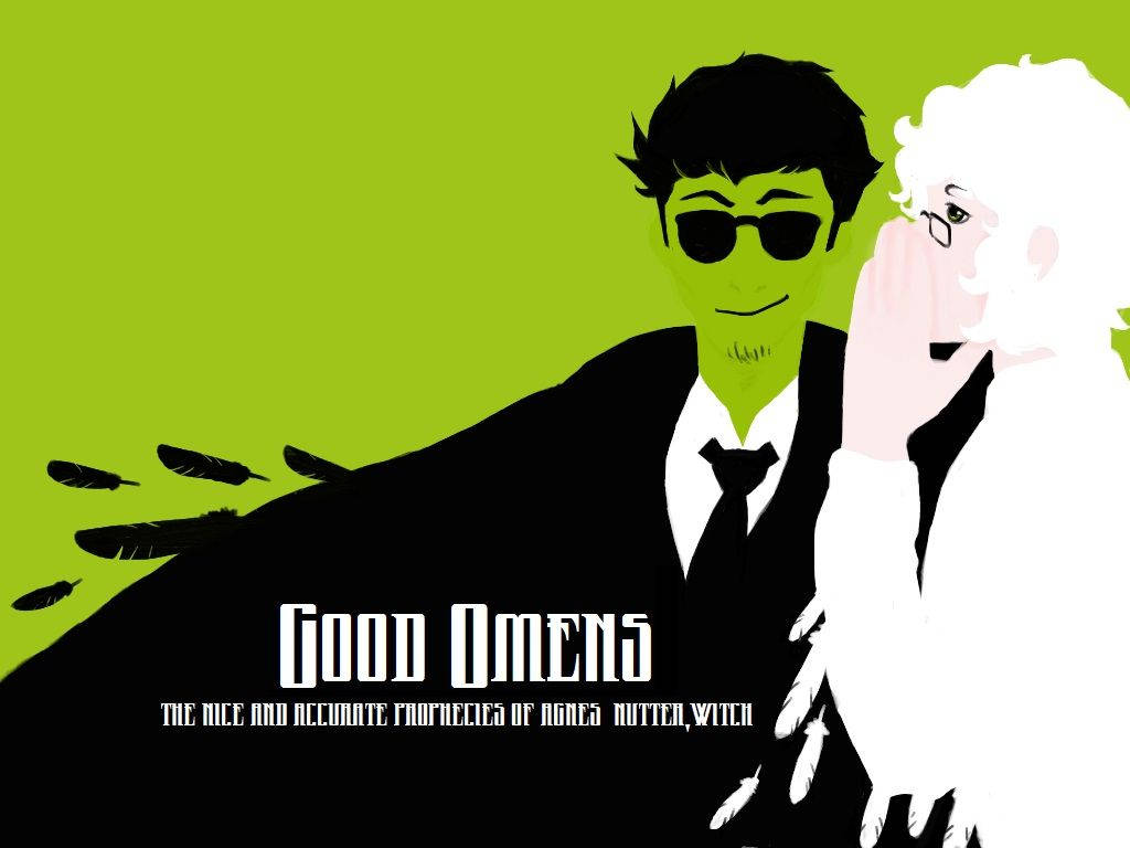 Good Omens 桌布 壁紙 — 一幅風格化的插圖，描繪《好預兆》中的兩個角色，背景是充滿活力的綠色，羽毛飄落。