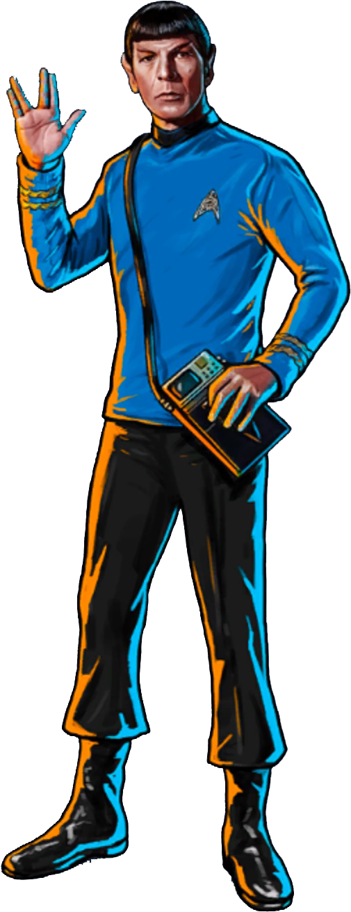 Star Trek Enterprise 桌布 壁紙 — 一幅風格化的插圖，描繪《星際爭霸戰》中的史巴克穿著藍色制服，手持三錄儀並舉手行瓦肯舉手禮。