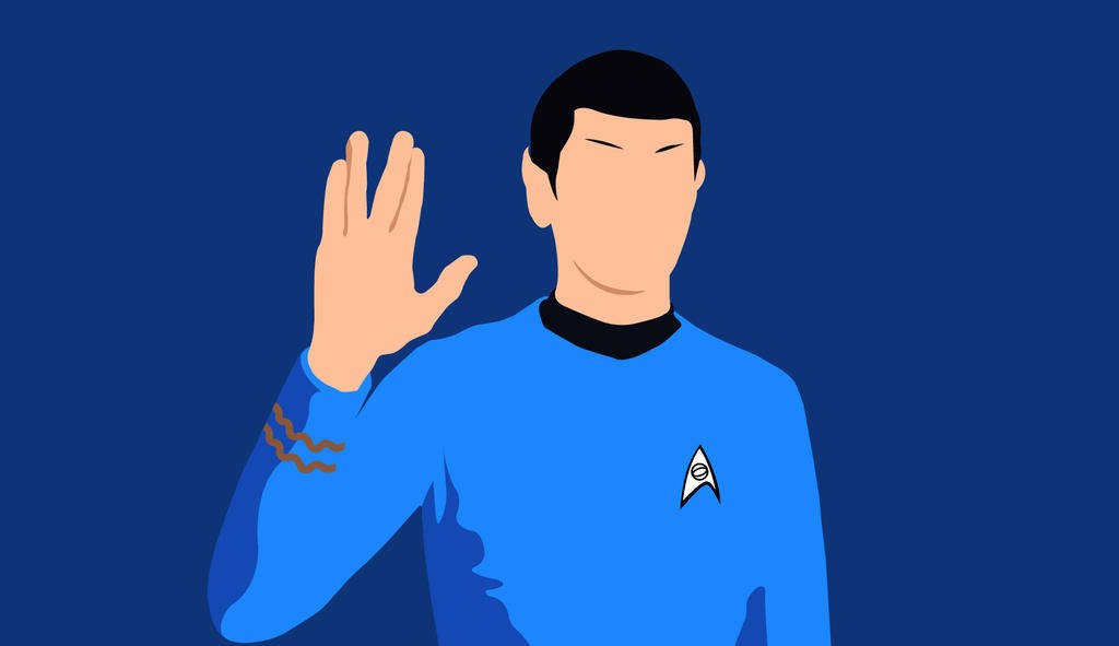 Spock 桌布 壁紙 — 一幅風格化的插圖，描繪《星際爭霸戰》中的史巴克在純藍色背景前舉手做出瓦肯舉手禮。