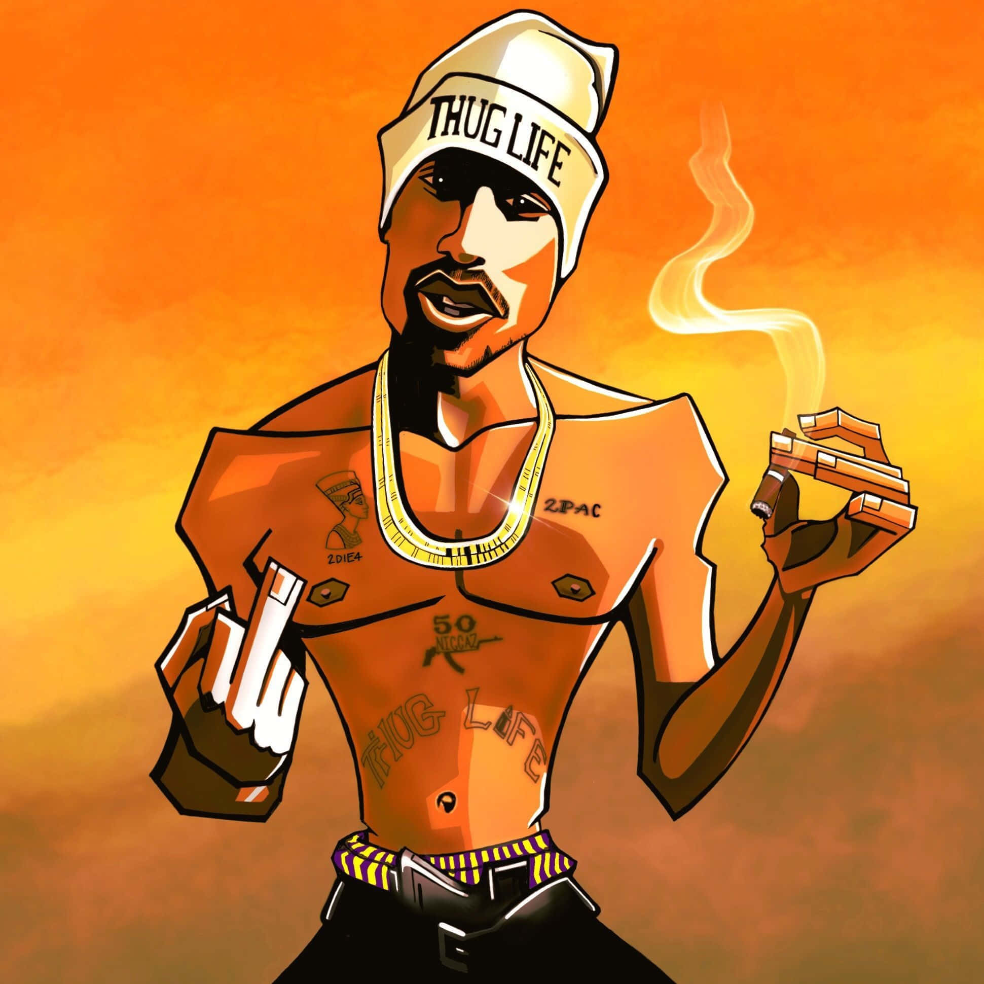 Rapper Cartoon 桌布 壁紙 — 一幅風格化的插圖，描繪2Pac戴著'Thug Life'毛帽和金鏈，背景是火熱的橙色日落。