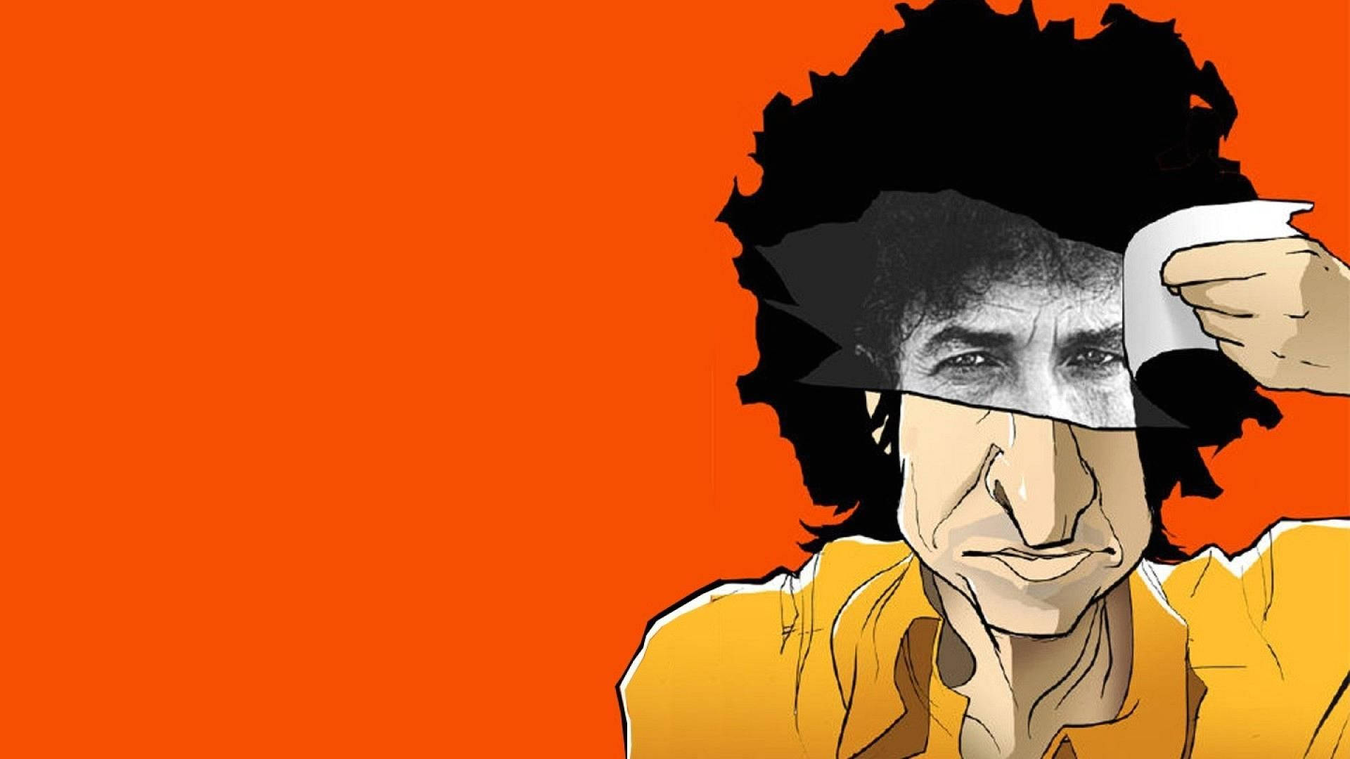 黑白 桌布 壁紙 — 一幅風格化的插圖，描繪Bob Dylan撕開紙張，在鮮豔的橙色背景上露出他的臉。