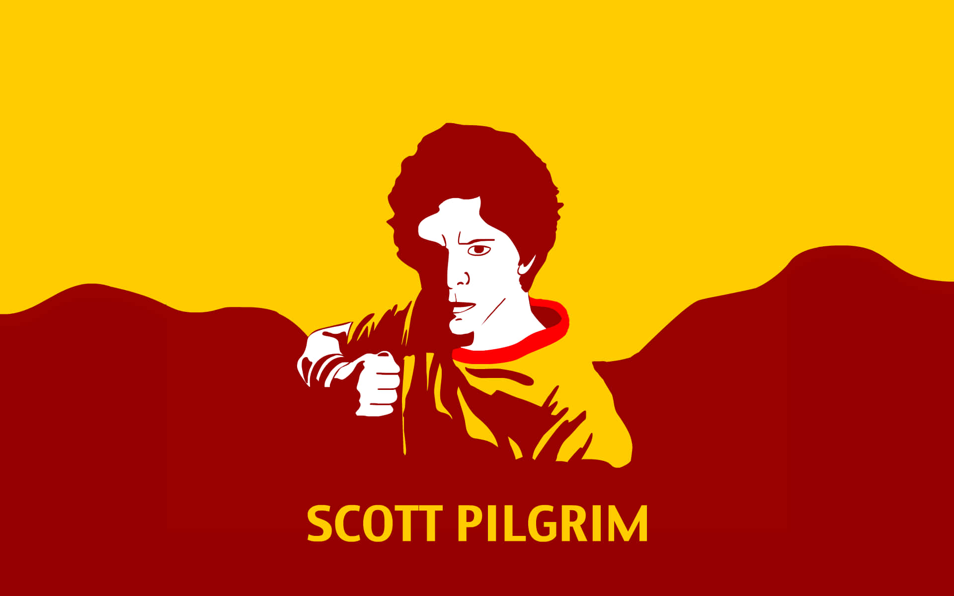 scott pilgrim 桌布 壁紙 — 一幅風格化的插圖，描繪Scott Pilgrim從紅色山丘中出現，背景為大膽的黃色，下方是他的名字。
