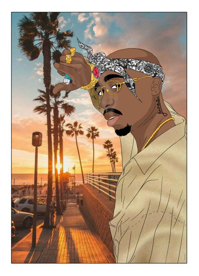 桌布 壁紙 — 一幅風格化的插圖，描繪Tupac Shakur戴著金鏈和頭巾，在日落海灘步道上手持打火機，背景有棕櫚樹。