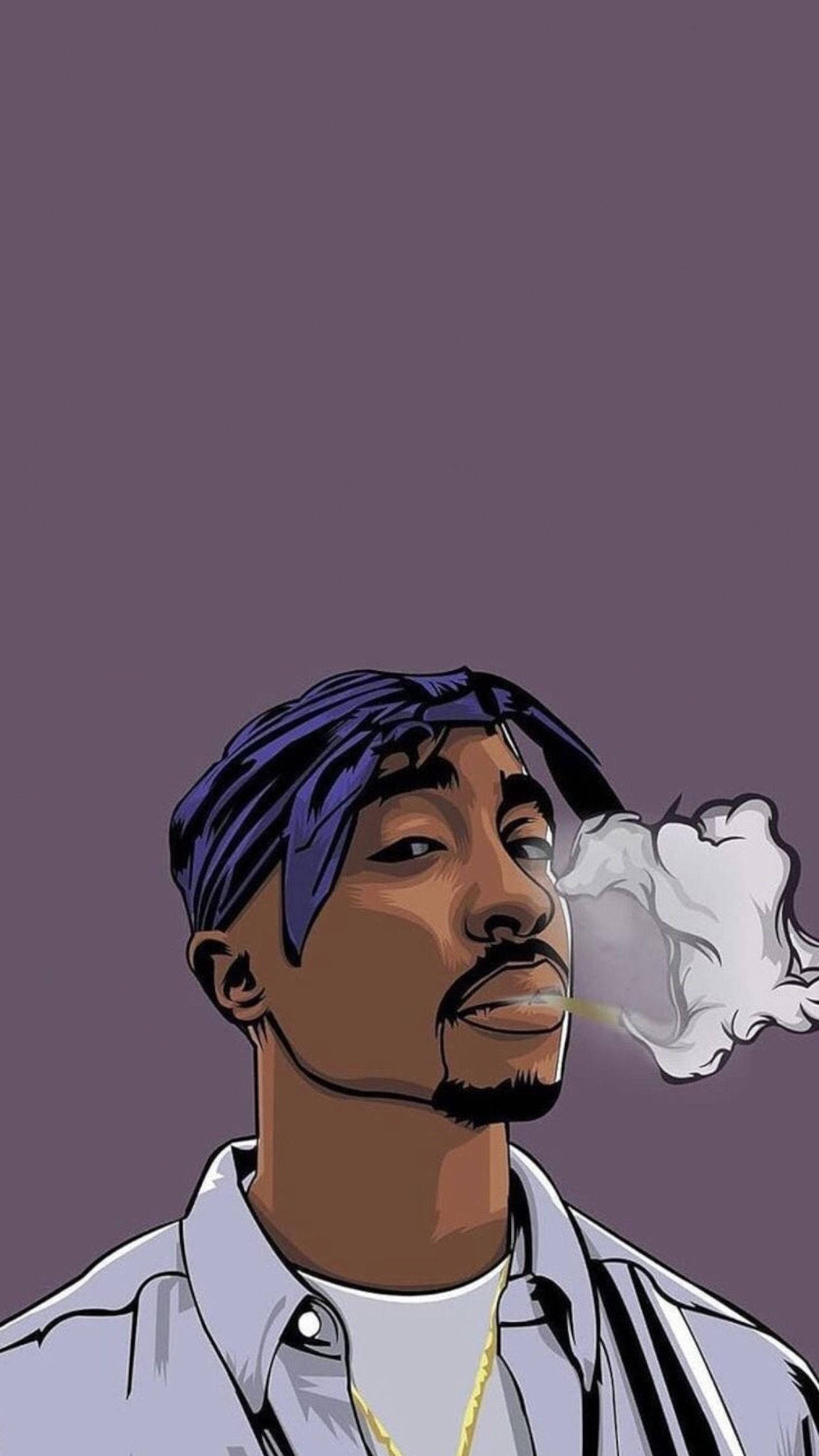 桌布 壁紙 — 一幅風格化的插圖，描繪Tupac Shakur在純紫色背景上呼出煙霧。