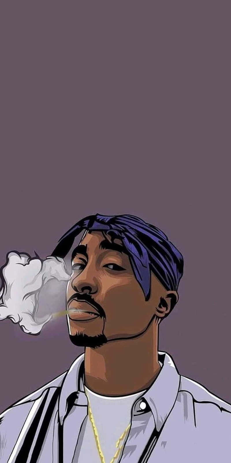 桌布 壁紙 — 一幅風格化的插圖，描繪Tupac Shakur在純紫色背景上呼出煙霧。