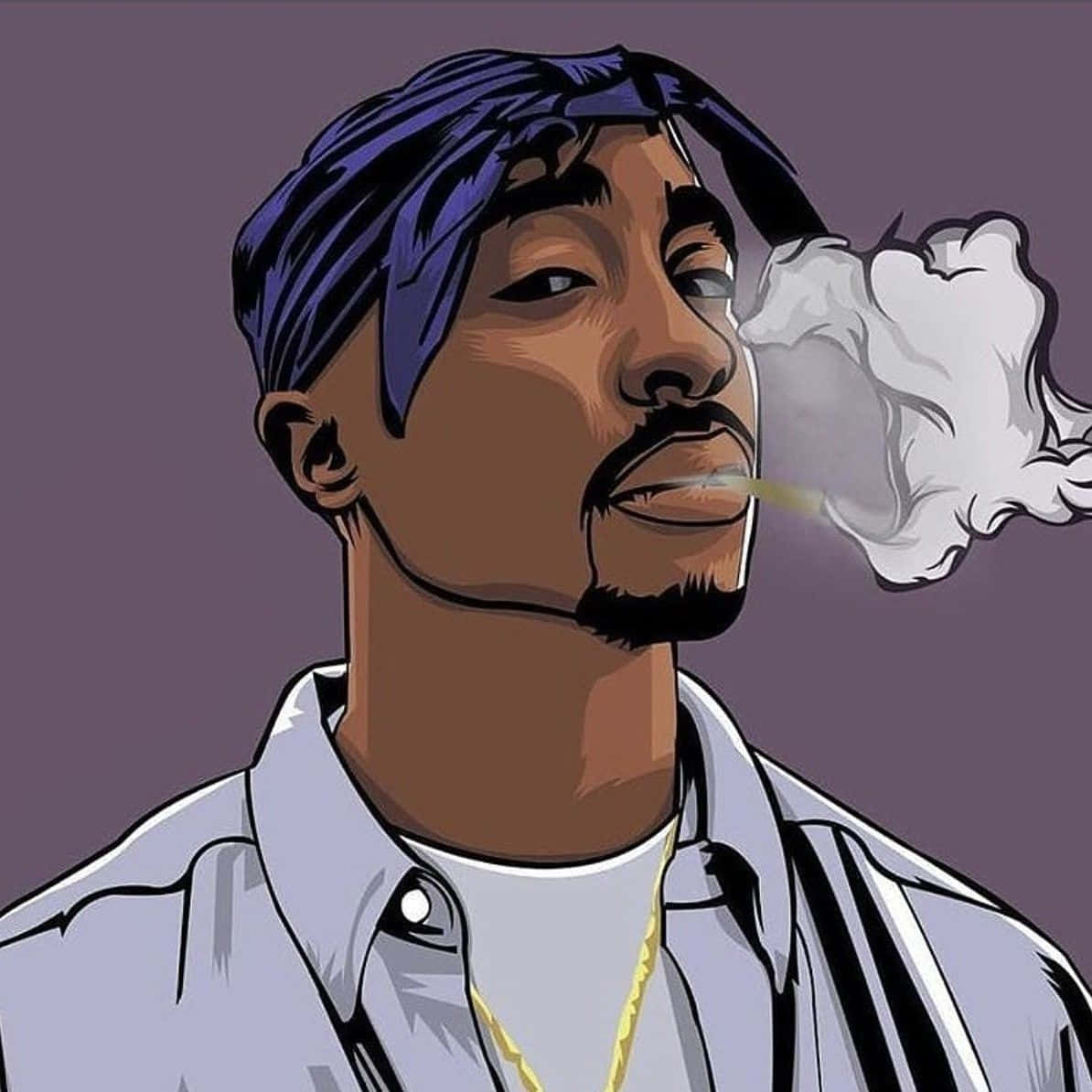 動畫 桌布 壁紙 — 一幅風格化的插圖，描繪Tupac Shakur戴著紫色頭巾和金鏈，在柔和的紫色背景前呼出煙霧。