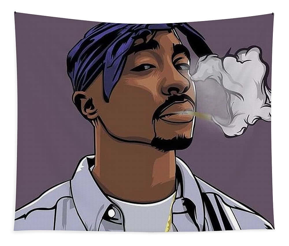 桌布 壁紙 — 一幅風格化的插圖，描繪Tupac Shakur在紫色背景前戴著藍色頭巾、穿著白色襯衫呼出煙霧。