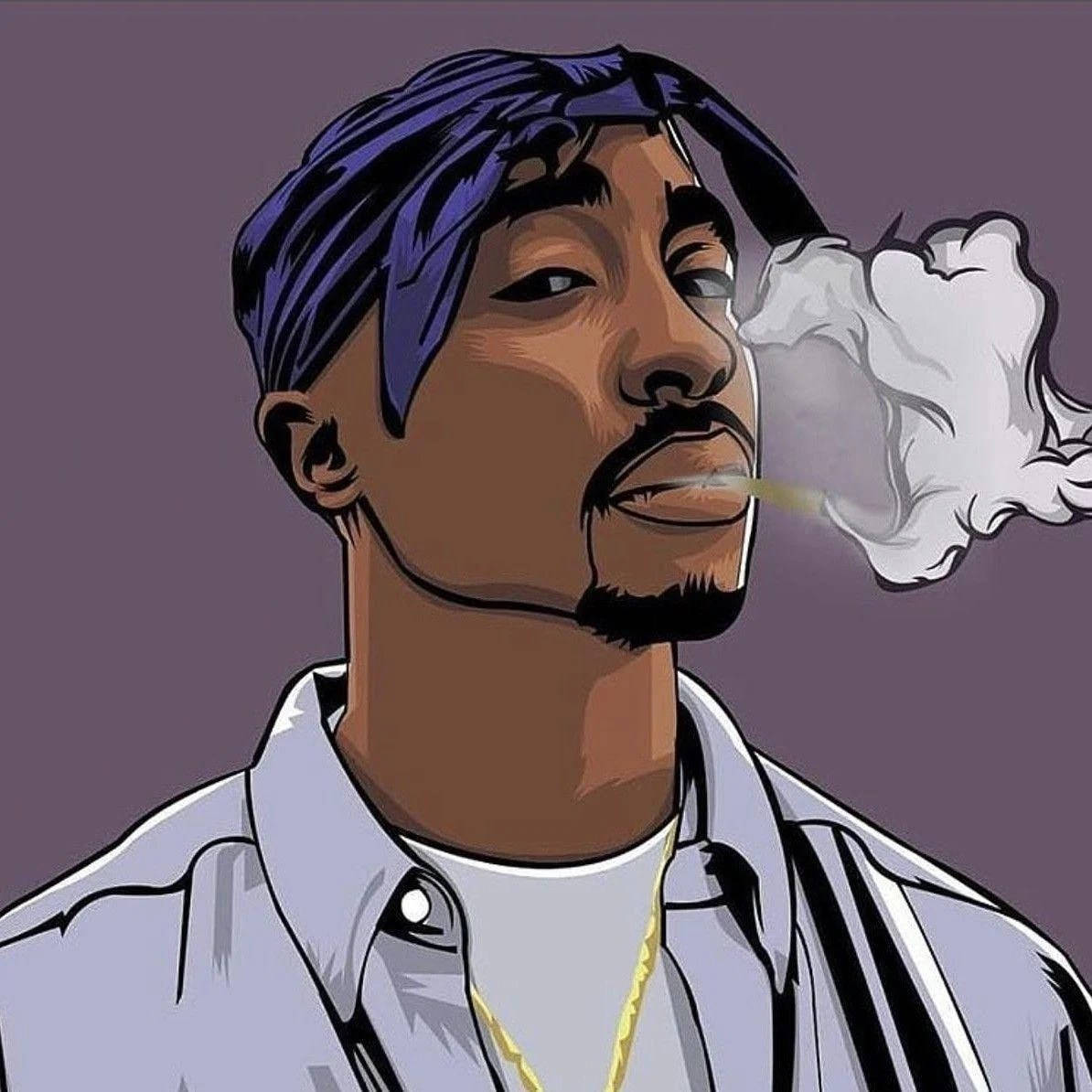 桌布 壁紙 — 一幅風格化的插圖，描繪Tupac Shakur在淡紫色背景前戴著紫色頭巾和金鏈，呼出煙霧。