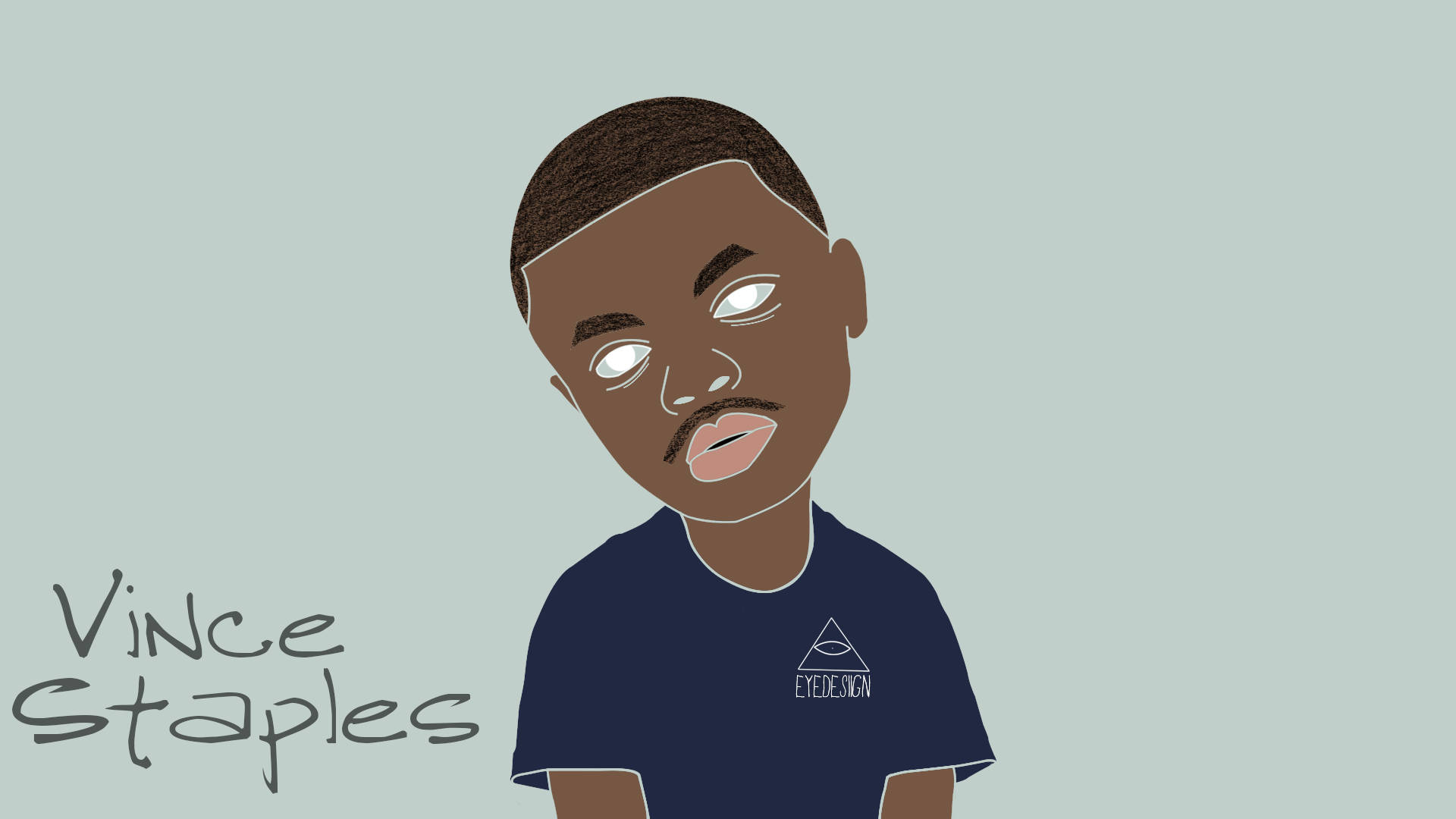 Staples 桌布 壁紙 — 一幅風格化的插圖，描繪Vince Staples在柔和的青綠色背景上，雙眼發光並露出得意的笑容。