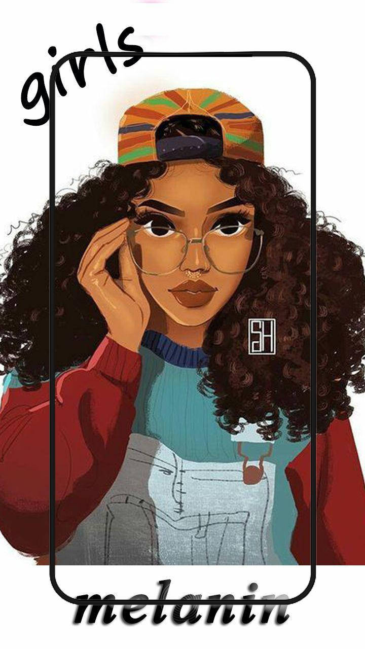 Black Girl 桌布 壁紙 — 一幅風格化的插圖，描繪一位戴眼鏡和彩色帽子的捲髮年輕女性，周圍環繞著「girls」和「melanin」字樣。